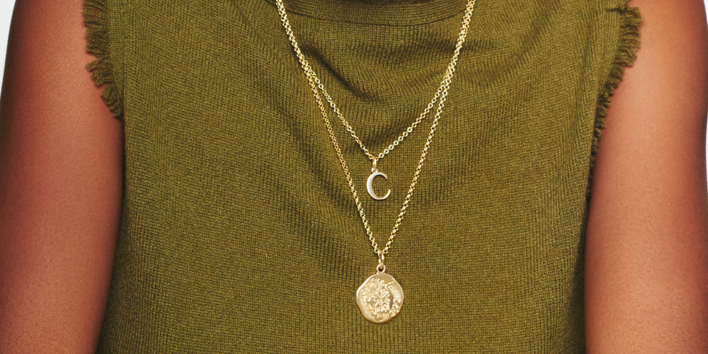 C Alice letter necklace pendant layered with Quote pendant