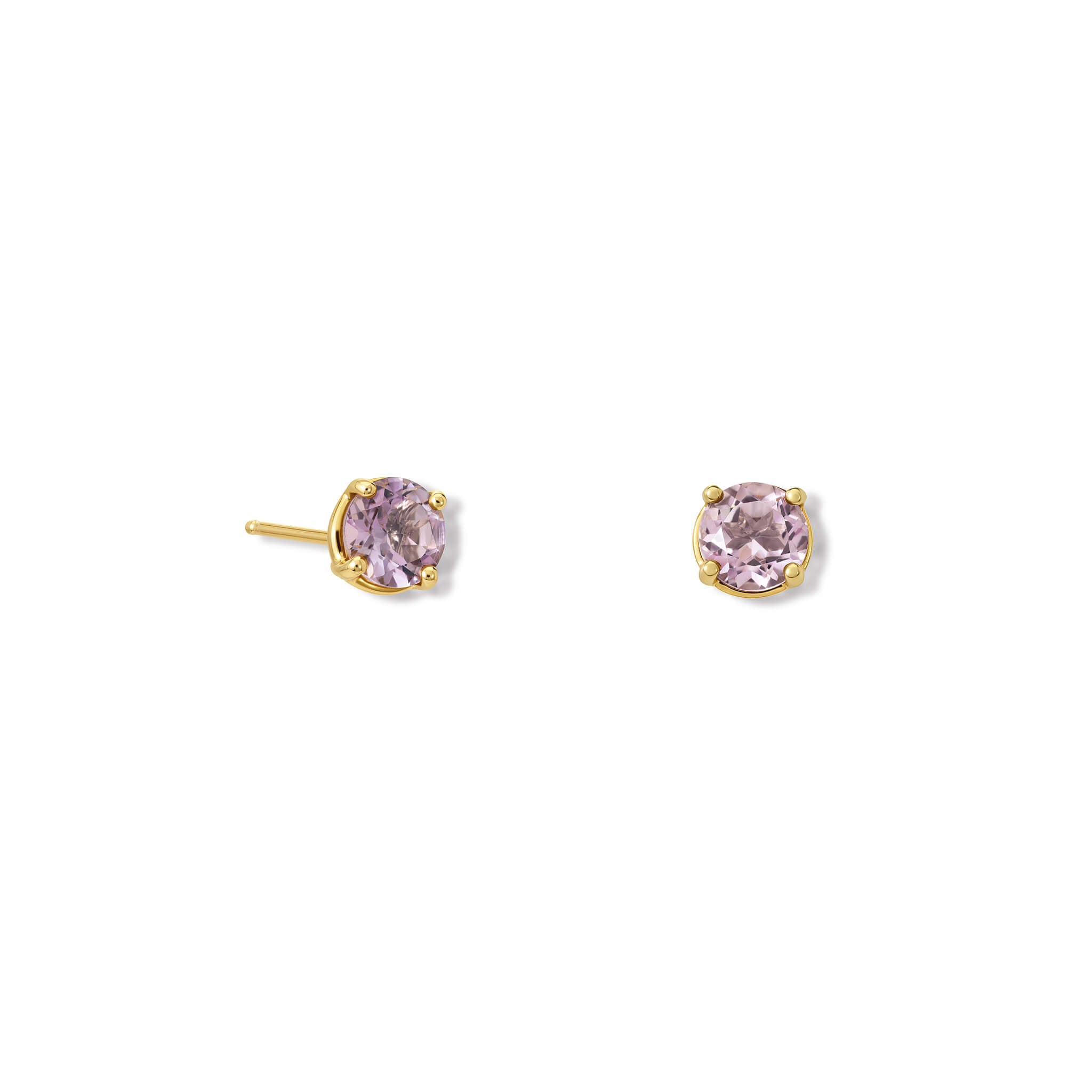Handcrafted 18ct yellow gold stud earrings featuring round pink amethyst, the birthstone of February.