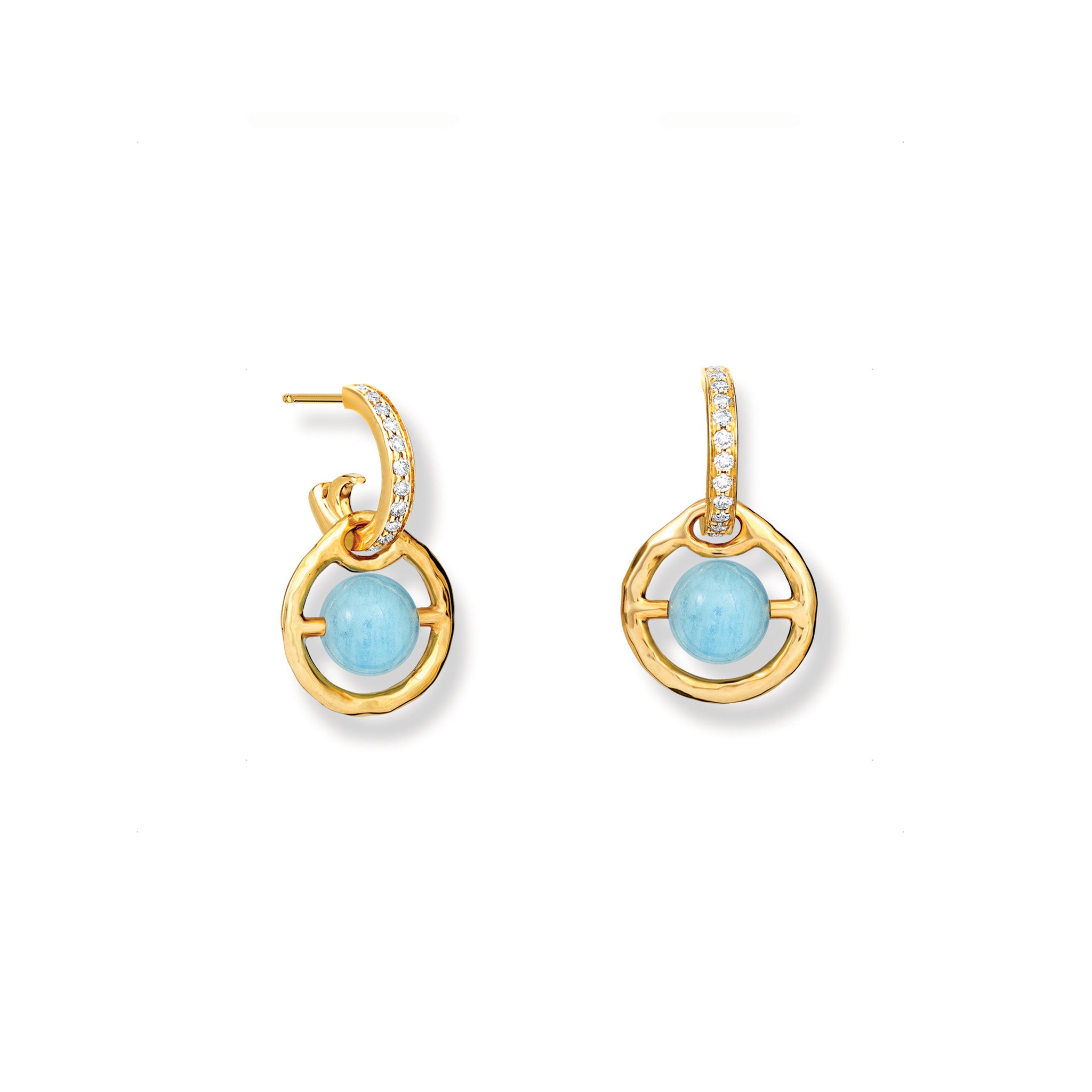 Handcrafted yellow gold earring drops featuring a round aquamarine gemstones, birthstone of March, held within a gold circle.