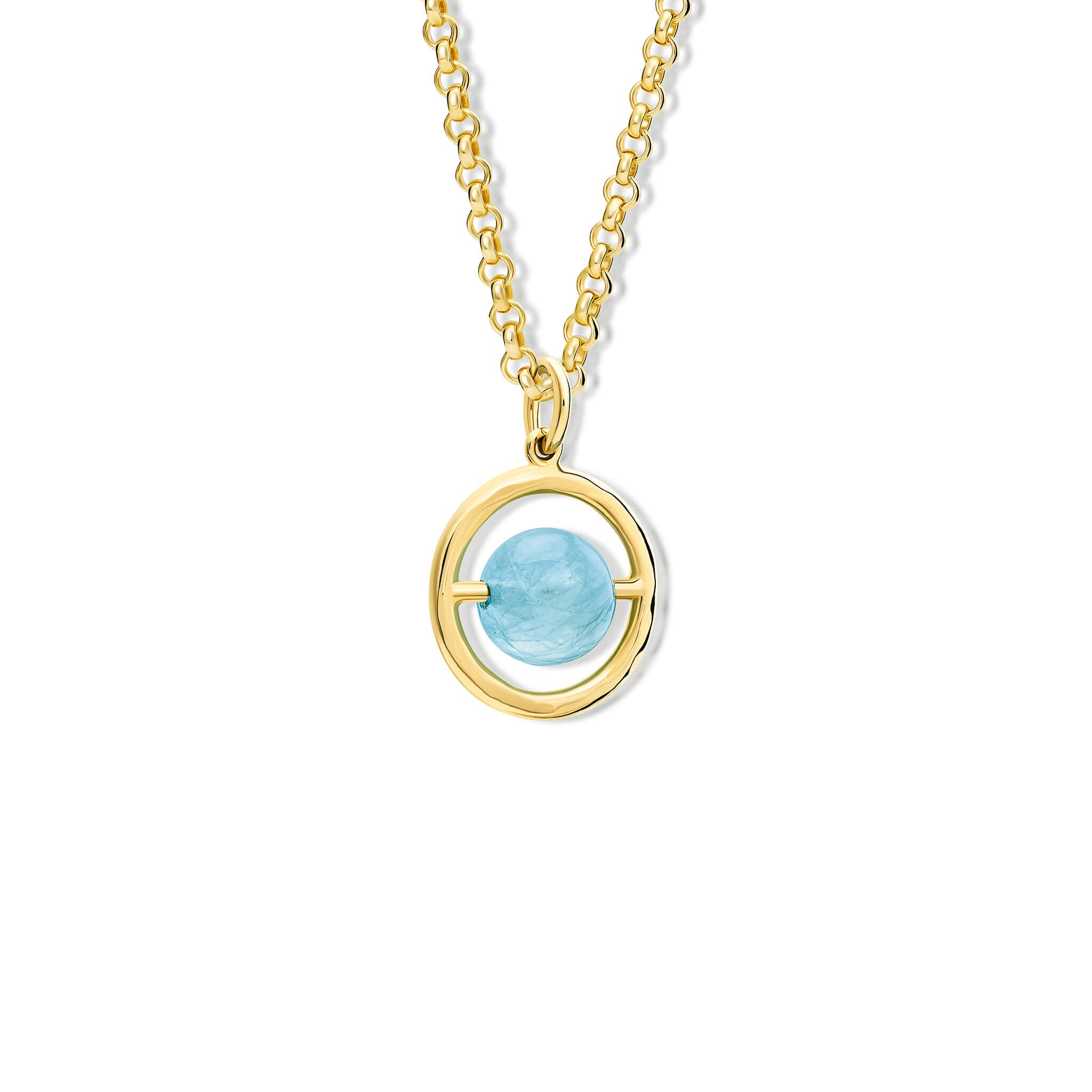 Handcrafted necklace pendant in yellow gold featuring a circular frame that encircles aquamarine, march birthstone