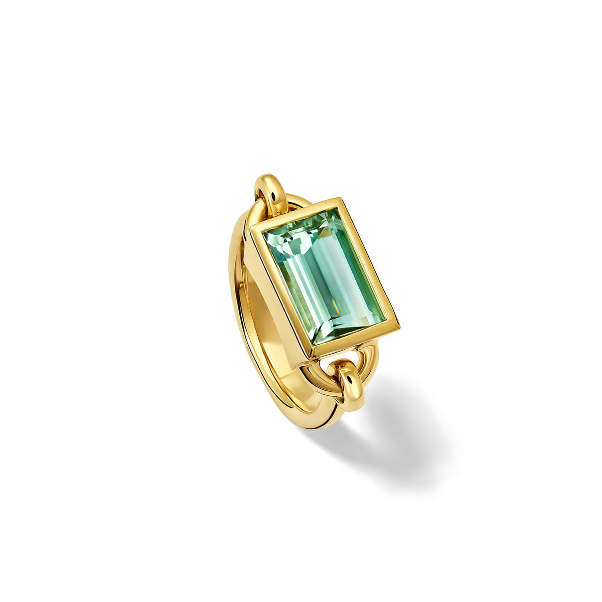 Handcrafted 18ct yellow gold baguette ring with mint tourmaline, october birthstone