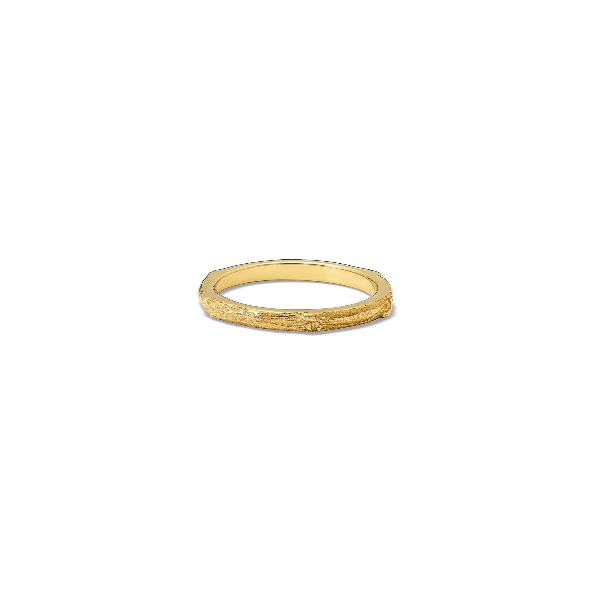 Handcrafted yellow gold ring designed with the intricate pattern and texture of bamboo.