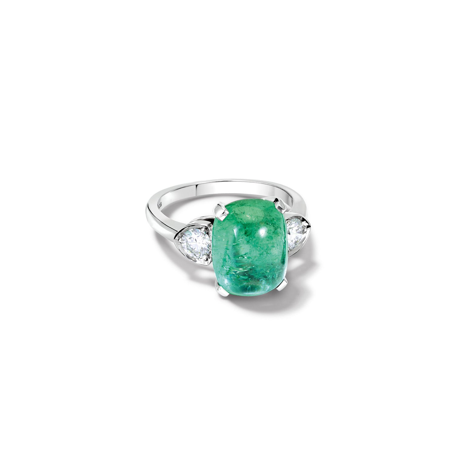 A white gold engagement ring with a central green gemstone, flanked by two drop-shaped diamonds on either side.
