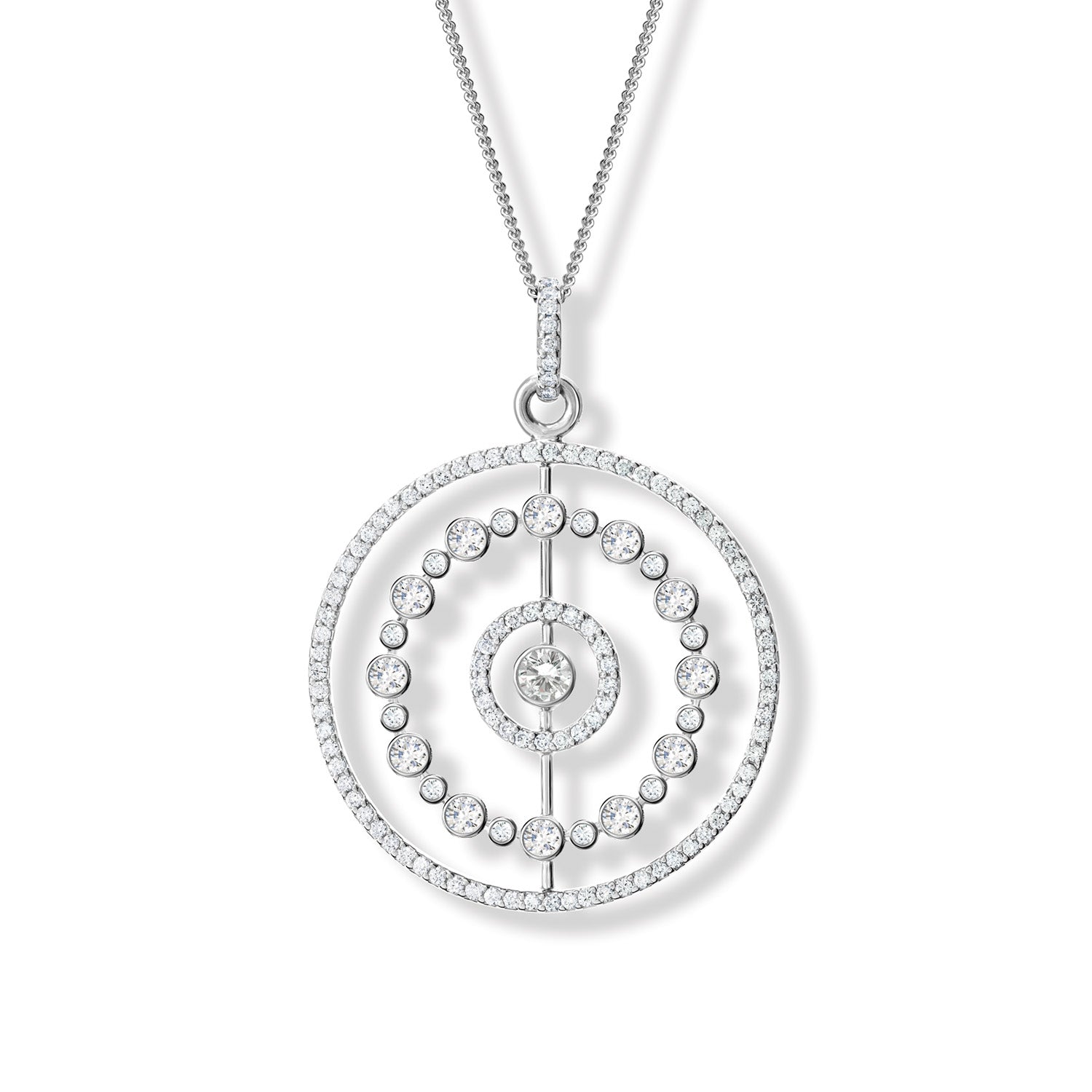 A 18ct white gold necklace pendant, repurposed from a vintage brooch and set with sparkling diamonds.