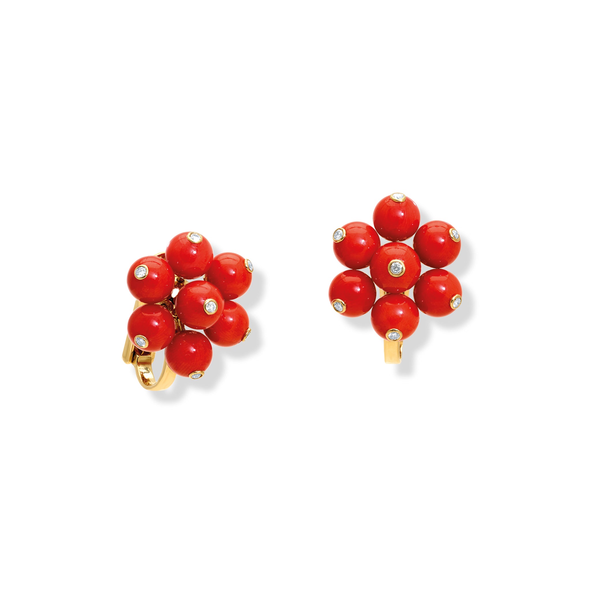 Handcrafted 18ct yellow gold earrings featuring a cluster of red coral beads, interspersed with small diamonds.