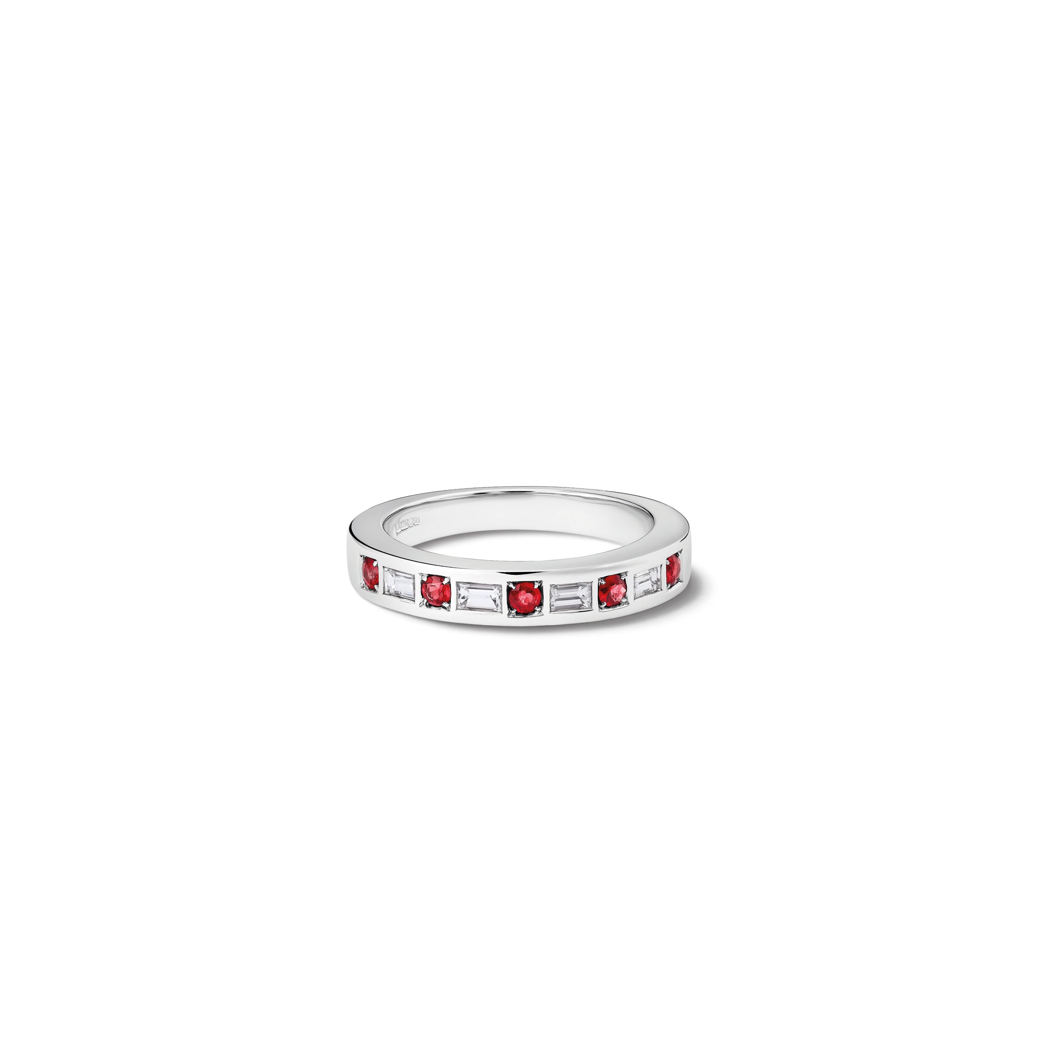 Handcrafted 18ct white gold wedding band or eternity ring set with round and rectangular ruby and diamond halfway round the band, july birthstone