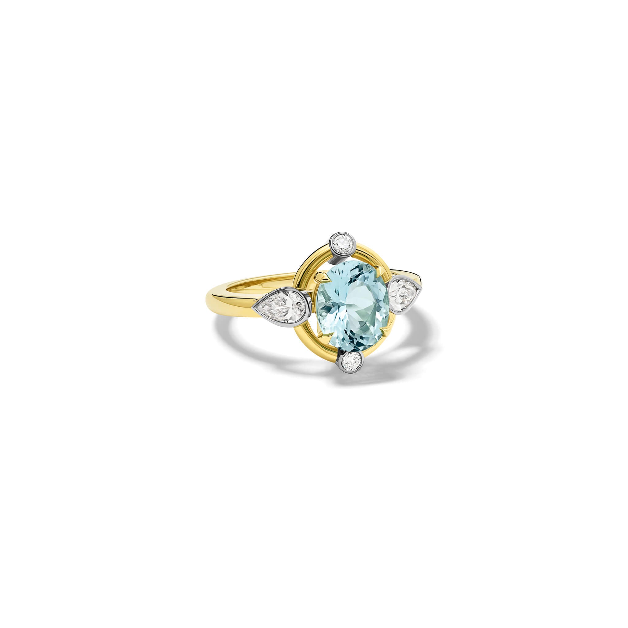 Handcrafted 18ct yellow gold engagement ring featuring a soft blue aquamarine at its centre, surrounded by four smaller diamonds, two teardrop-shaped, march birthstone
