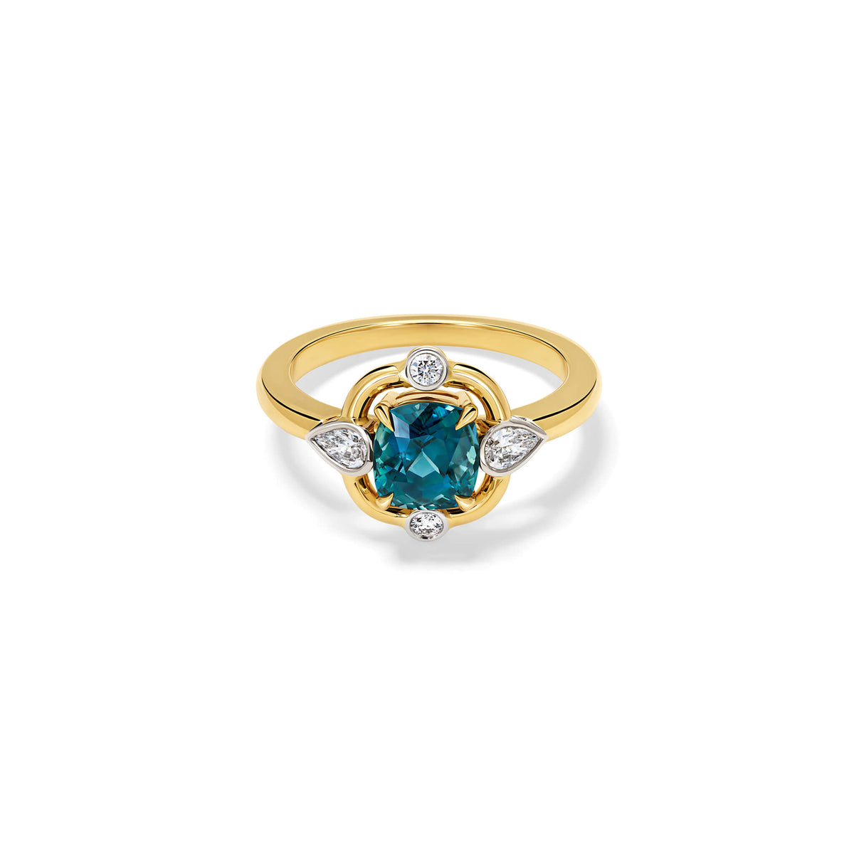 Handcrafted 18ct yellow gold ring featuring a teal sapphire at its centre, surrounded by four smaller diamonds, two teardrop-shaped, september birthstone