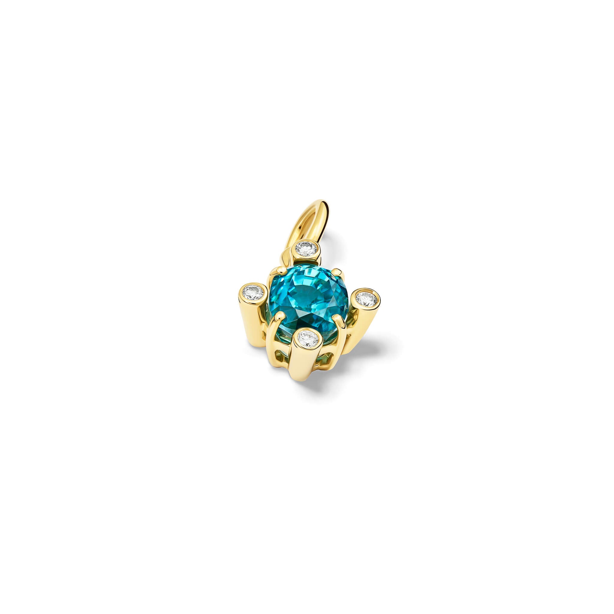 Handcrafted 18ct yellow gold pendant with medium facetted blue zircon set with four diamonds