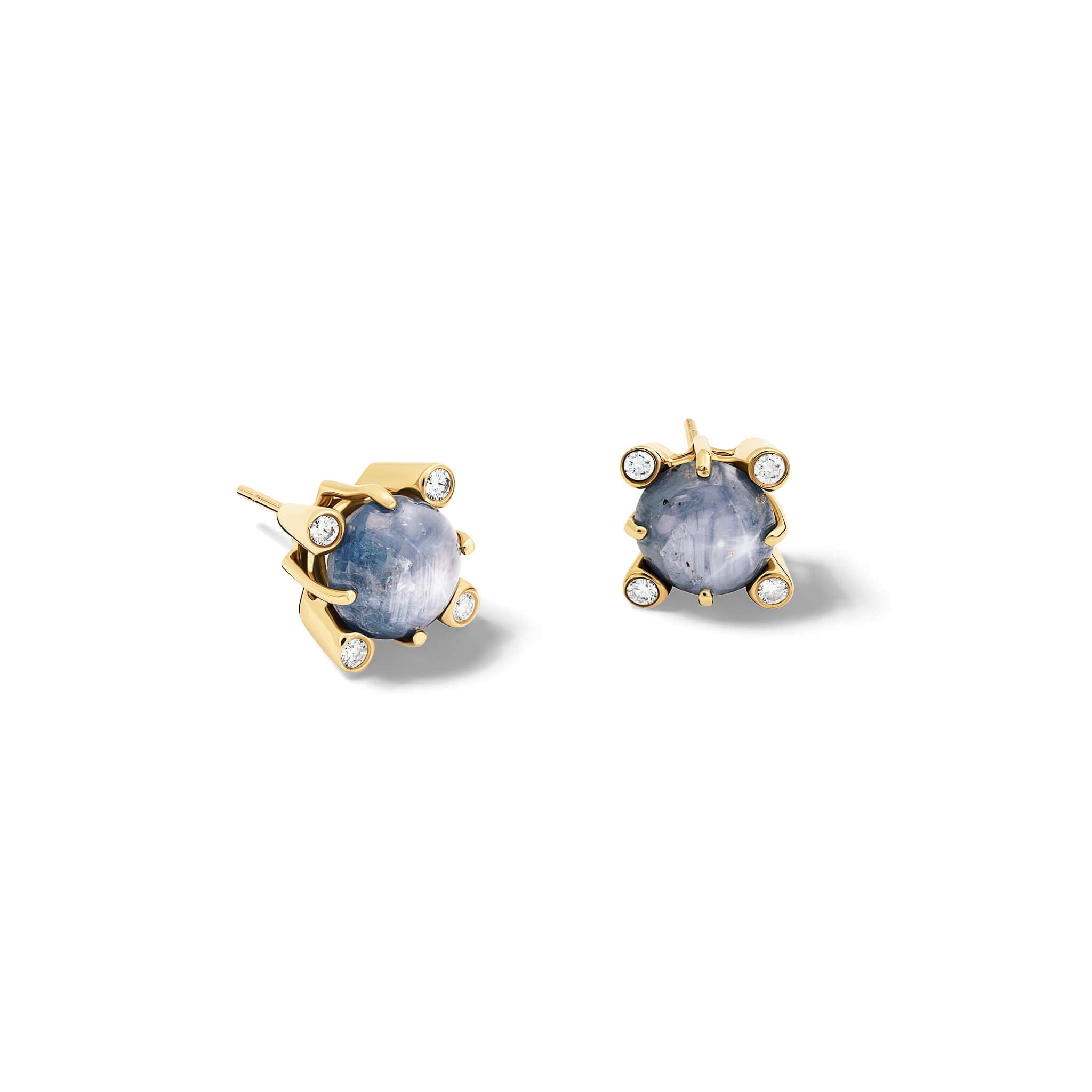 Handcrafted Compass stud earrings in yellow gold with star sapphire and diamond, september birthstone