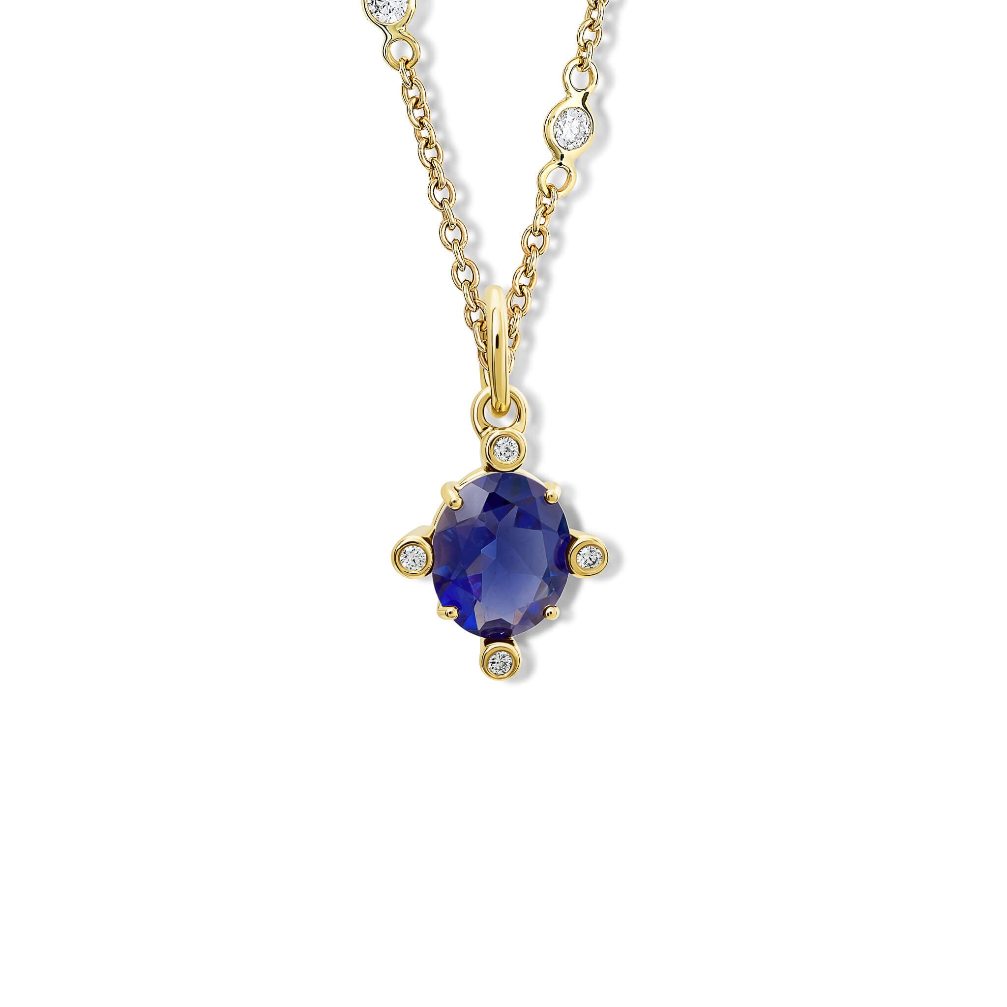 Handcrafted yellow gold pendant with medium facetted iolite set with four diamonds