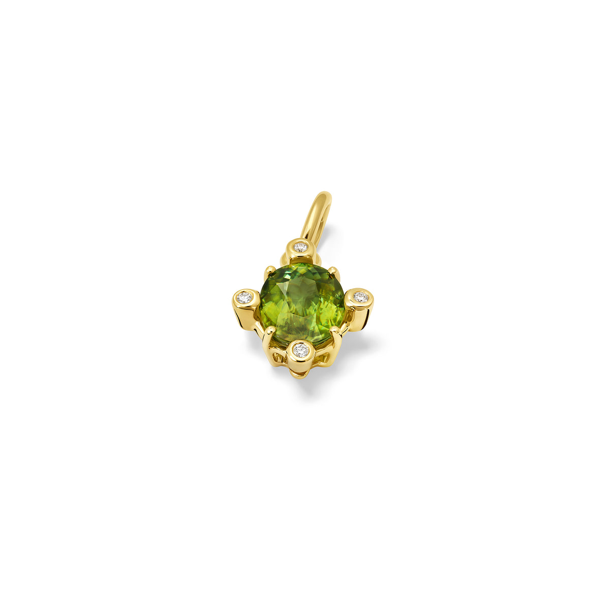 Handcrafted Compass medium necklace pendant in 18ct yellow gold with green sphene set with four diamonds.