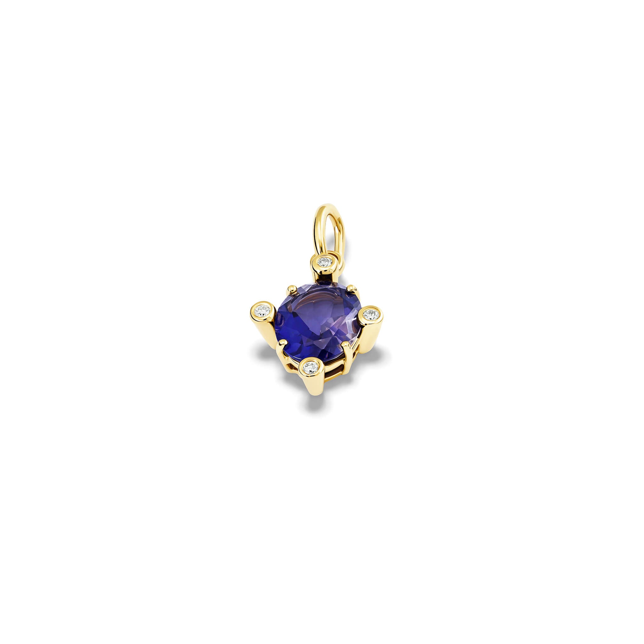 Handcrafted yellow gold pendant with medium facetted iolite set with four diamonds