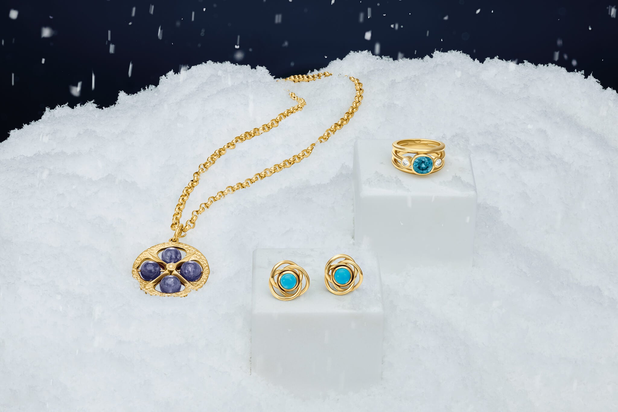9ct yellow gold handcrafted jewellery featuring the birthstones for December: zircon, tanzanite, turquoise. the perfect Christmas gift for those born in December.