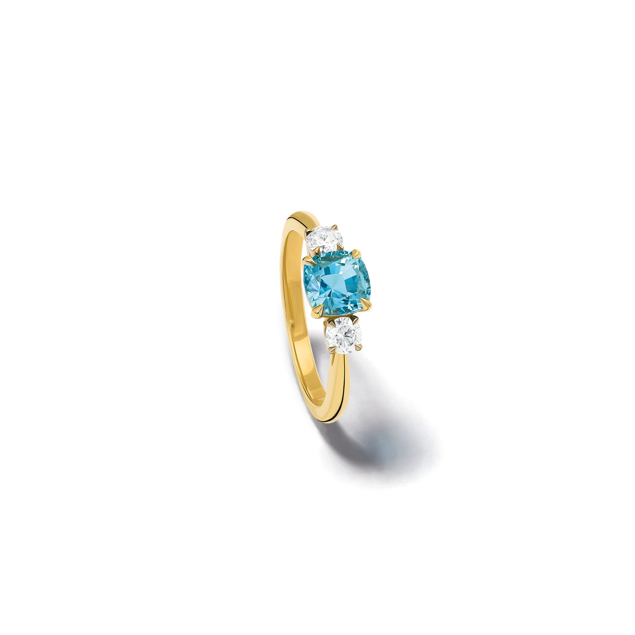 Handcrafted Delilah engagement ring in 18ct yellow and white gold with aquamarine and diamond.