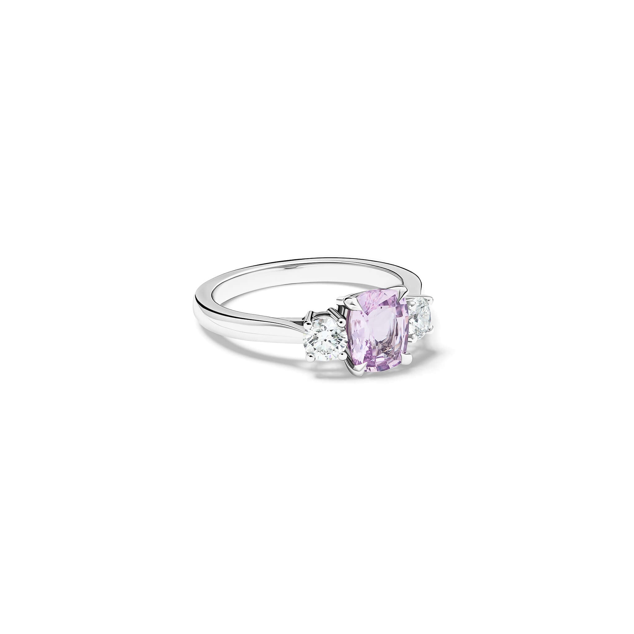 Handcrafted Delilah engagement ring in platinum with pink sapphire and diamond, september birthstone