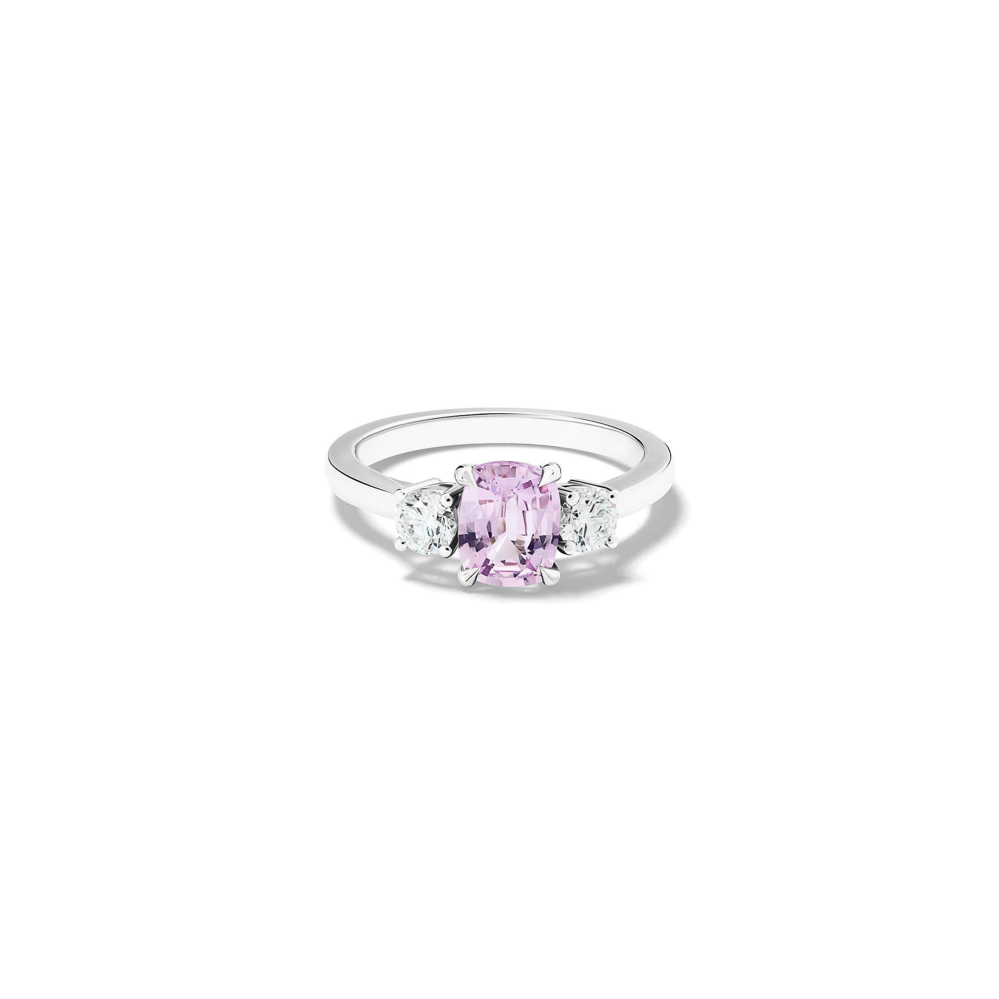 Handcrafted Delilah engagement ring in platinum with pink sapphire and diamond, september birthstone