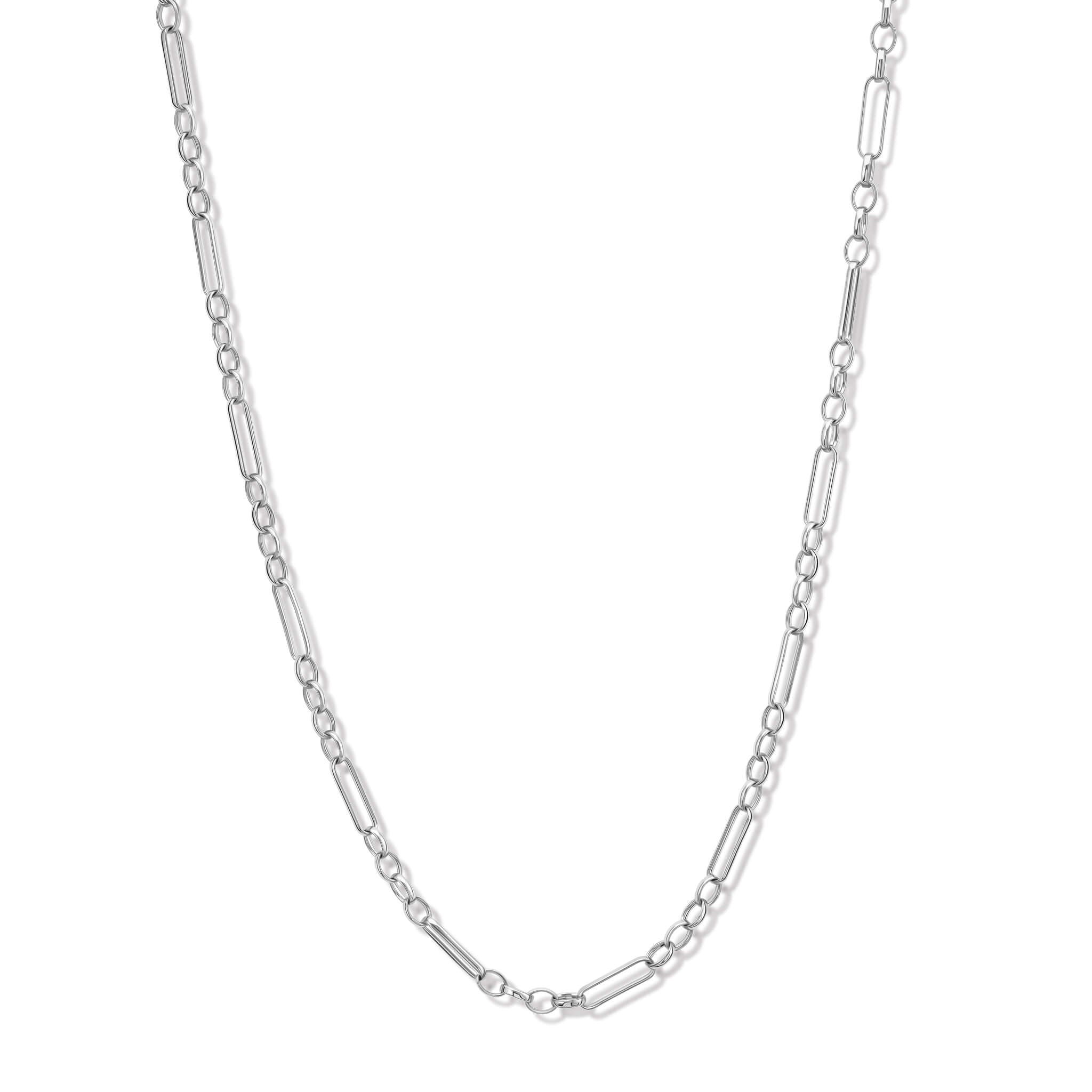 Handcrafted silver necklace chain featuring oval and rectangular links.