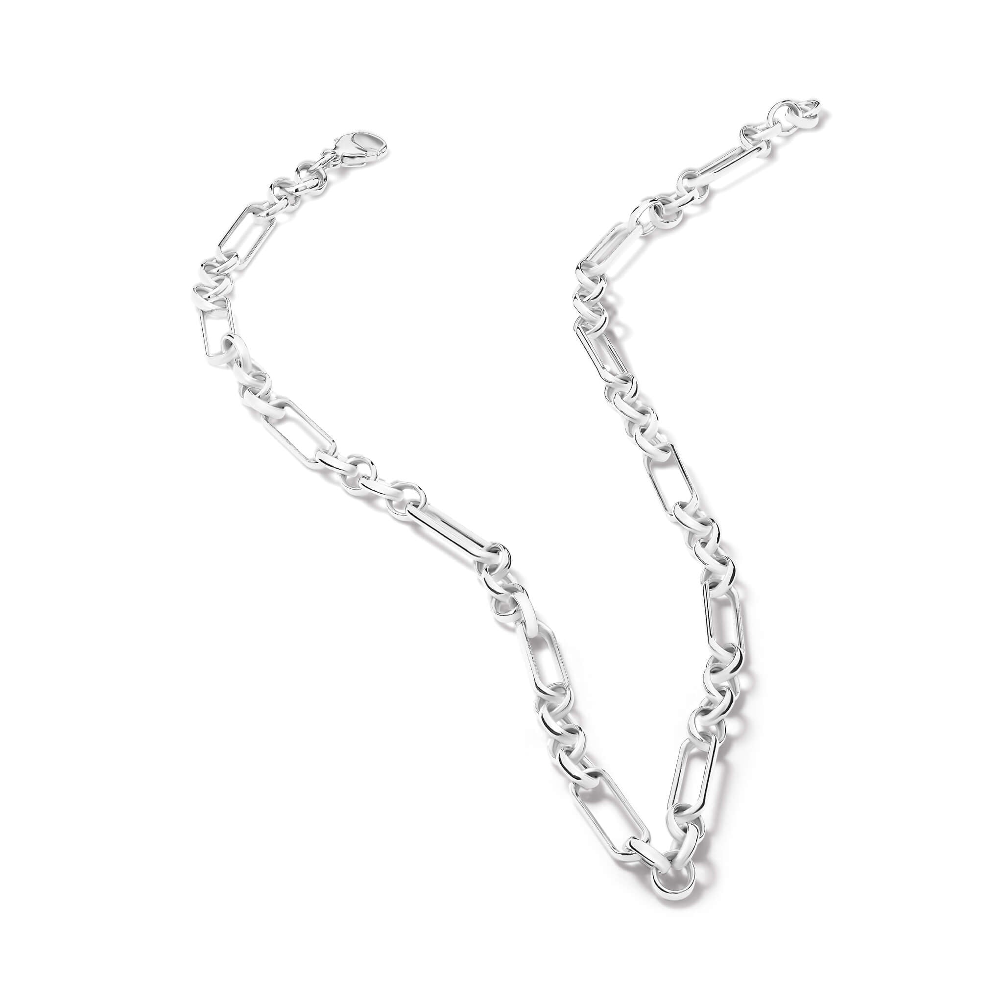 Handcrafted silver necklace chain featuring oval and rectangular links.
