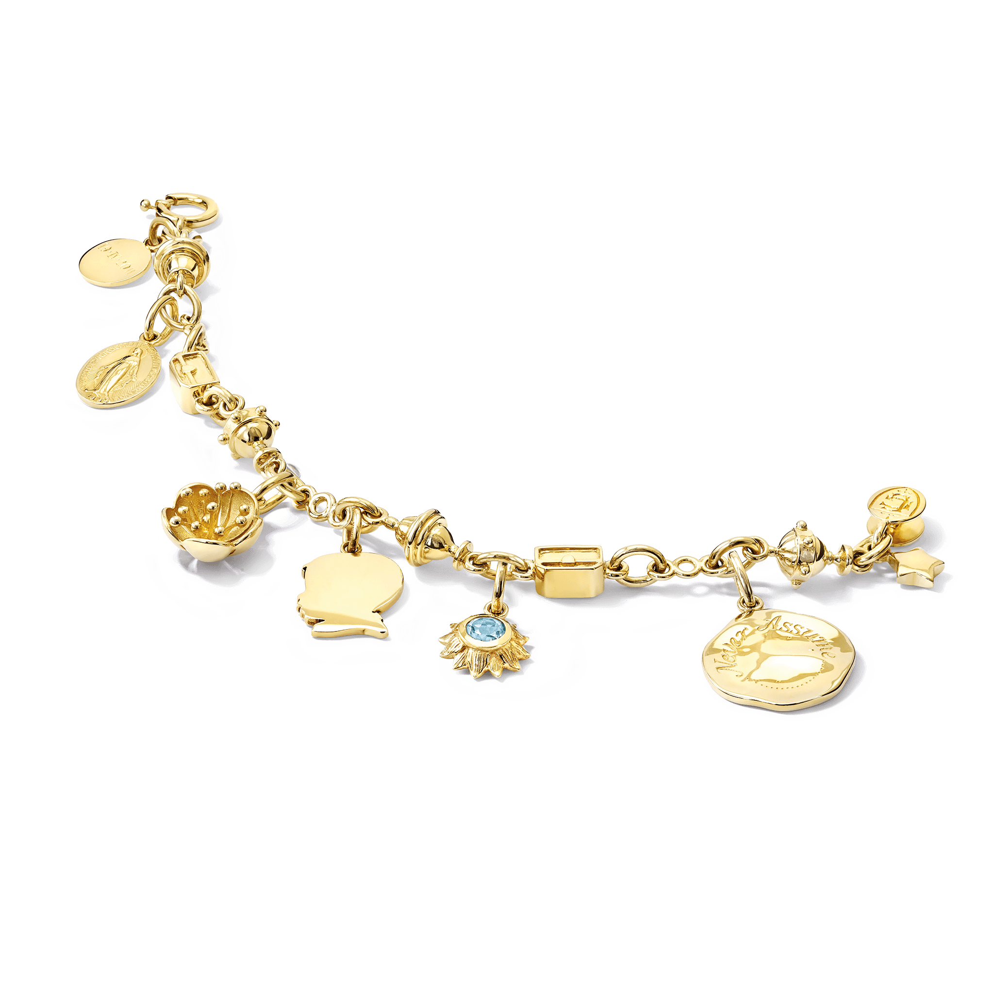 Handcrafted bespoke yellow gold bracelet with charms attached.