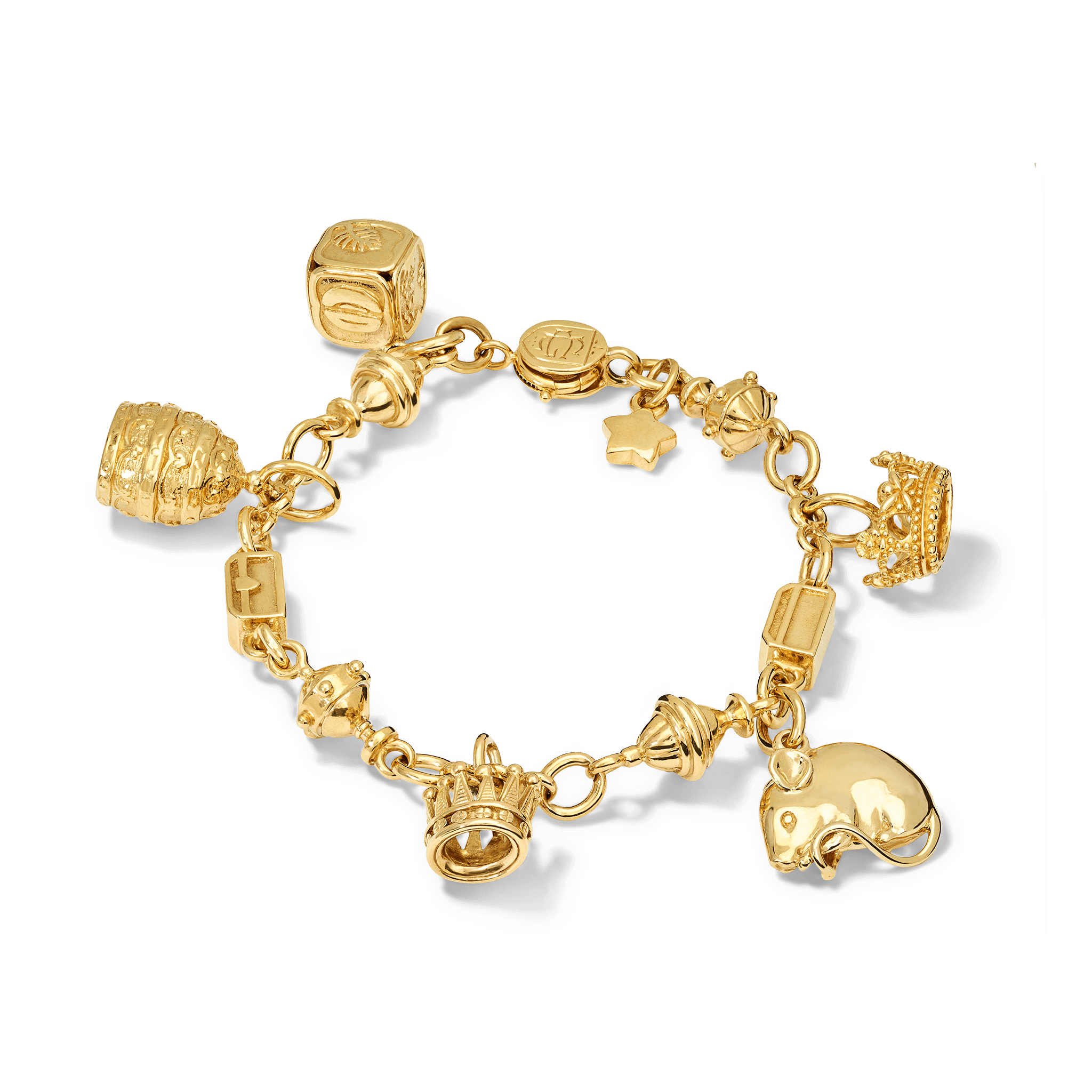 Handcrafted bespoke yellow gold bracelet with charms attached.
