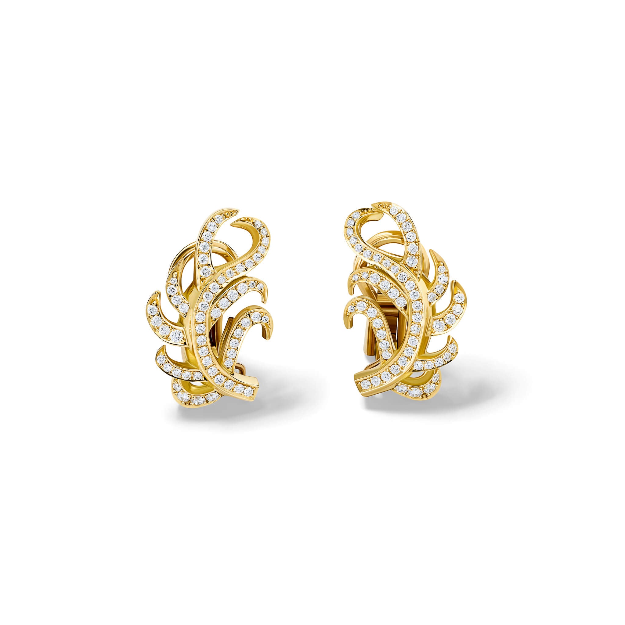Handcrafted earrings in the shape of a feather plume in 18ct yellow gold with diamond pave.