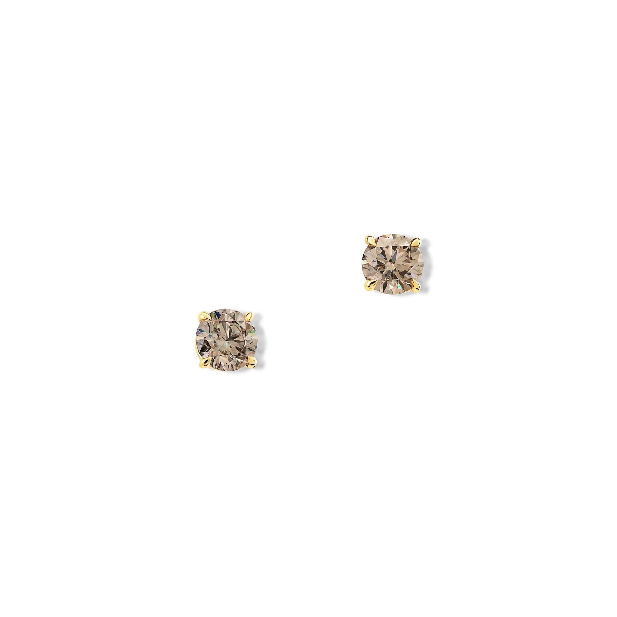 Handcrafted 18ct yellow gold interchangeable stud earrings featuring round brown diamond, the birthstone of April.