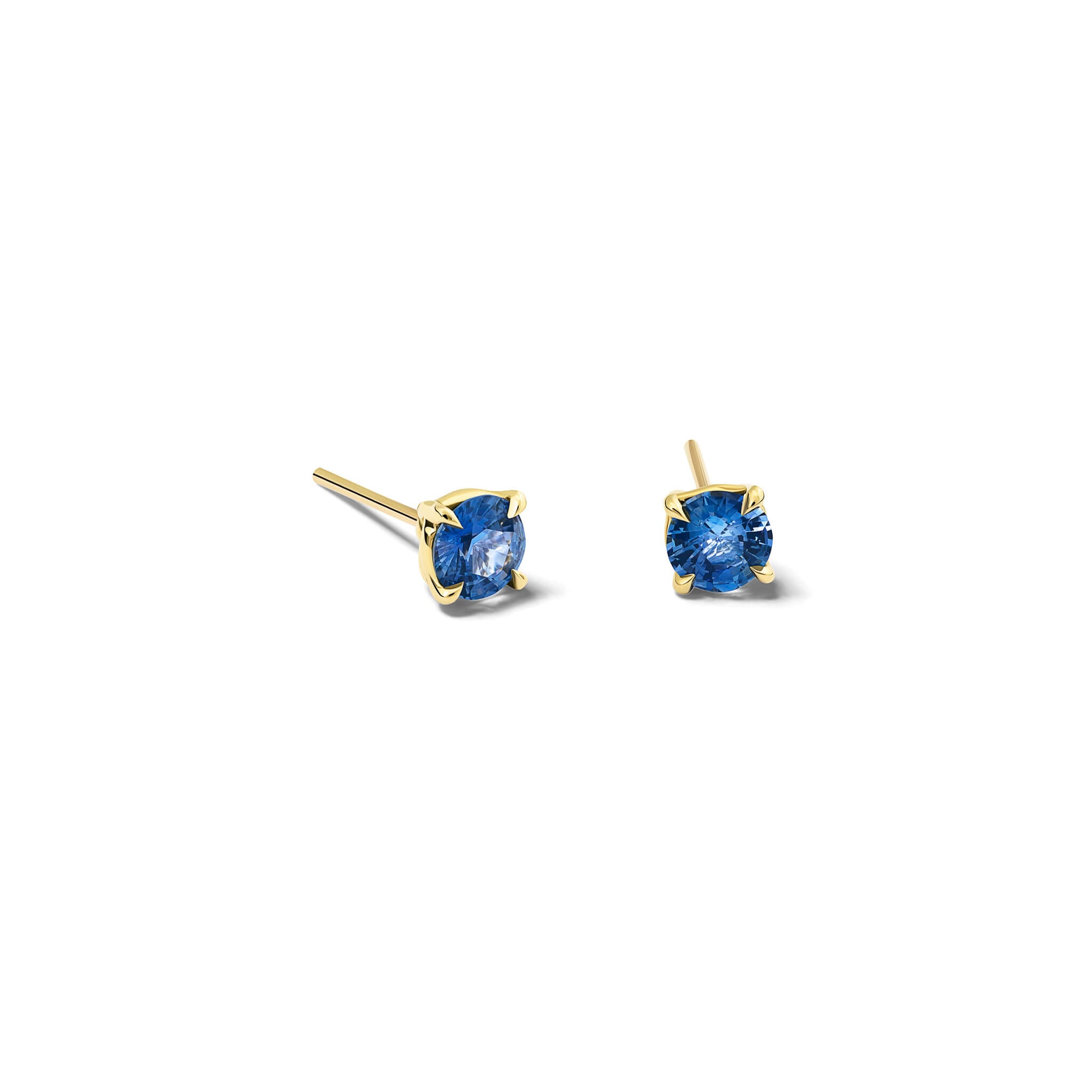 Handcrafted 18ct yellow gold interchangeable stud earrings featuring round blue sapphire, the birthstone of september