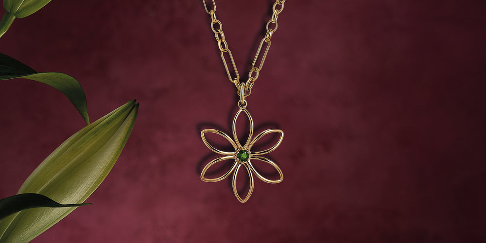 Cassandra Goad Fleur de Lys yellow gold large pendant with chrome diopside