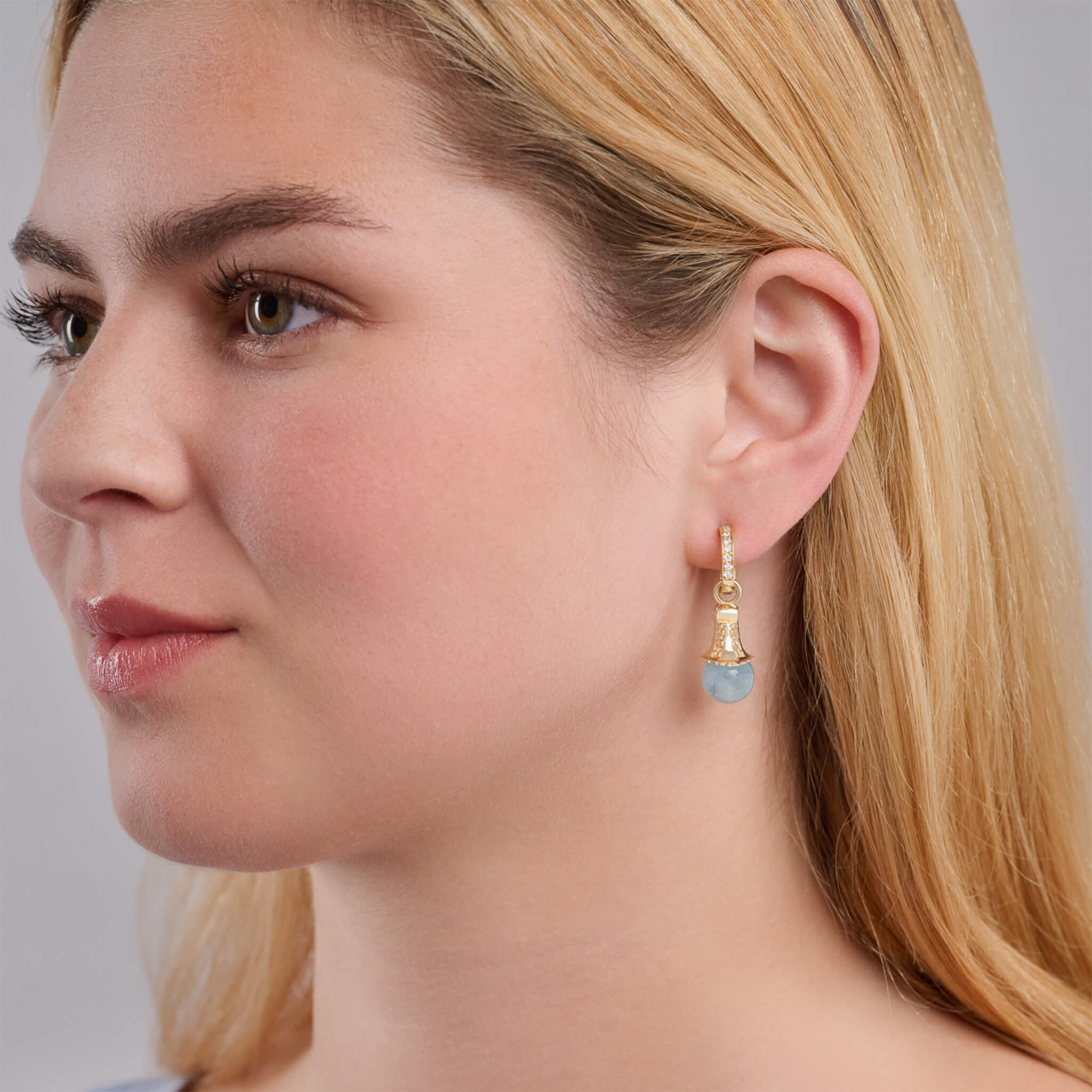 Handcrafted yellow gold earring drops with aquamarine beads, birthstone of March.