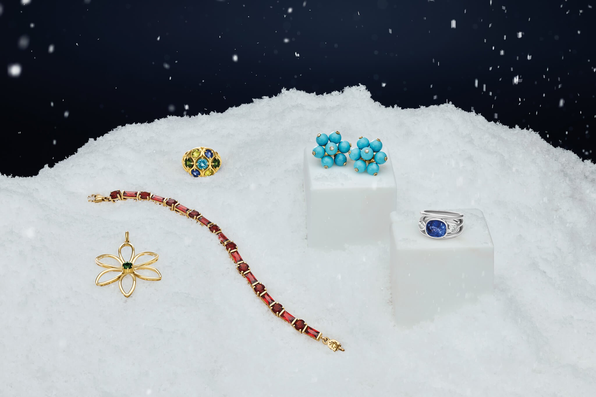 Gemstone jewellery for Christmas gifts including pendants, rings and earrings with sapphire, diamond, garnet, chrome diopside and turquoise.