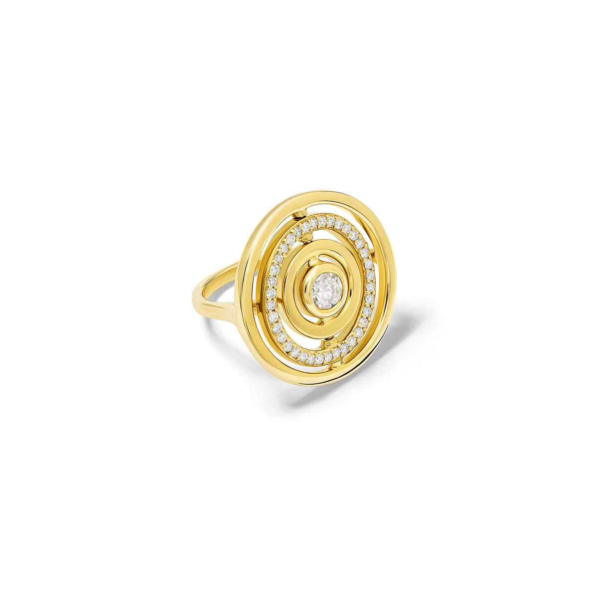 A 9ct yellow gold ring with a central old cut round diamond surrounded by golden circles outwards, one with diamond pave. Inspired by the Scandi motif of an onion and the perfect cocktail ring.