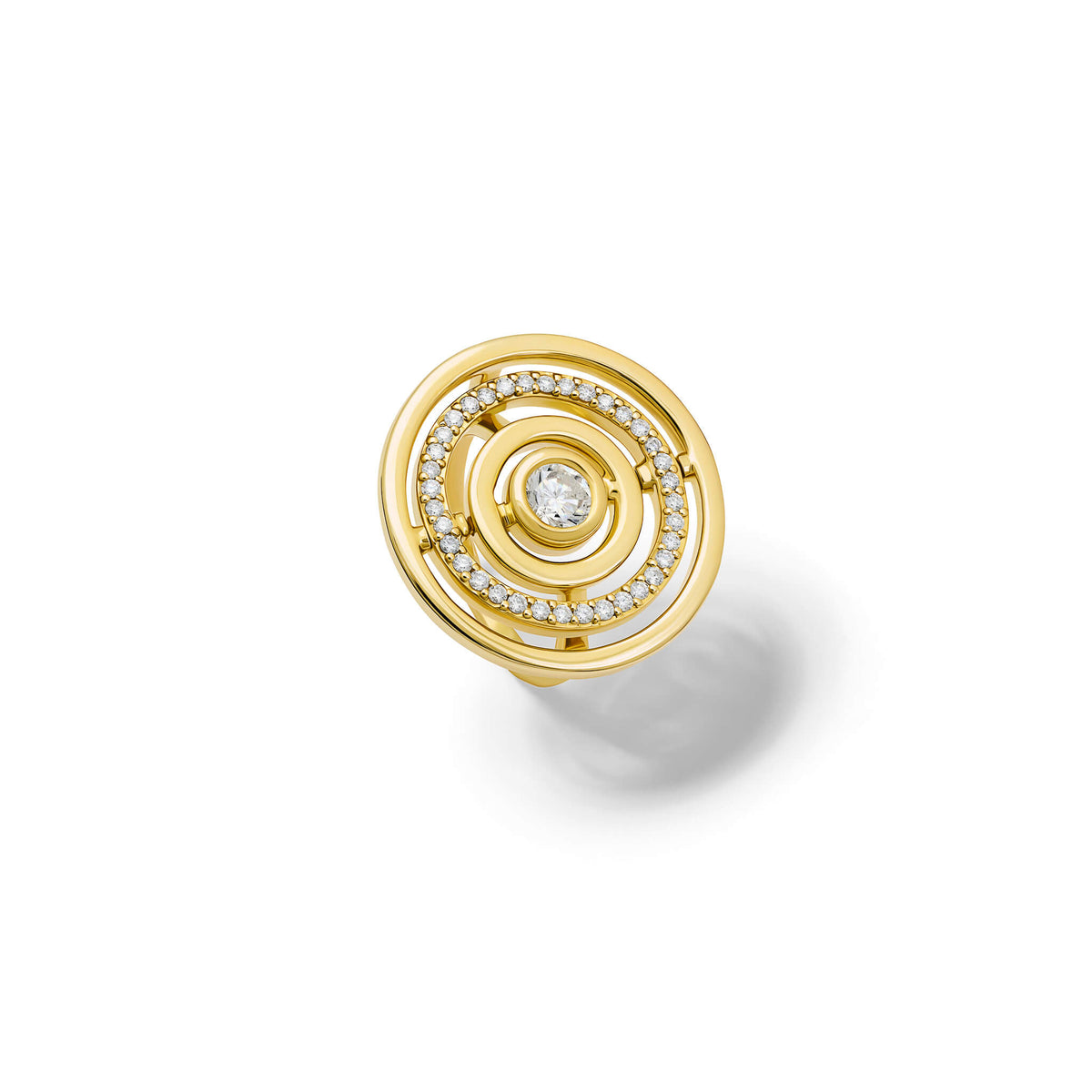 A 9ct yellow gold ring with a central old cut round diamond surrounded by golden circles outwards, one with diamond pave. Inspired by the Scandi motif of an onion and the perfect cocktail ring. Top view.