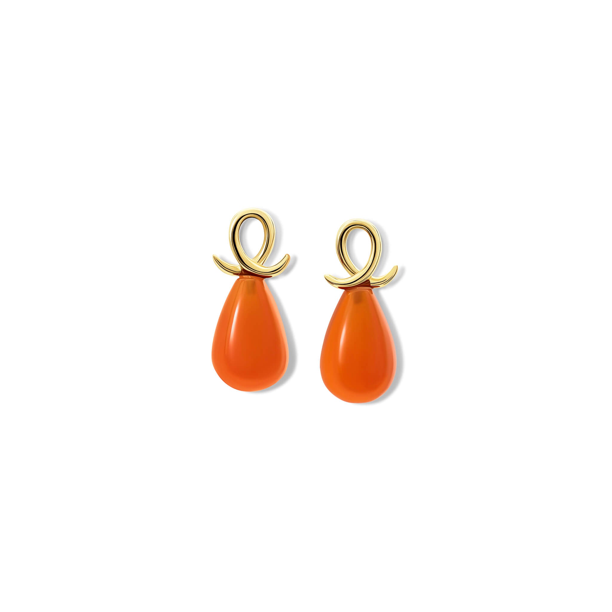 Handcrafted 9ct yellow gold earring drops with smooth briolette cut orange cornelian and an oval loop shape crossing over.