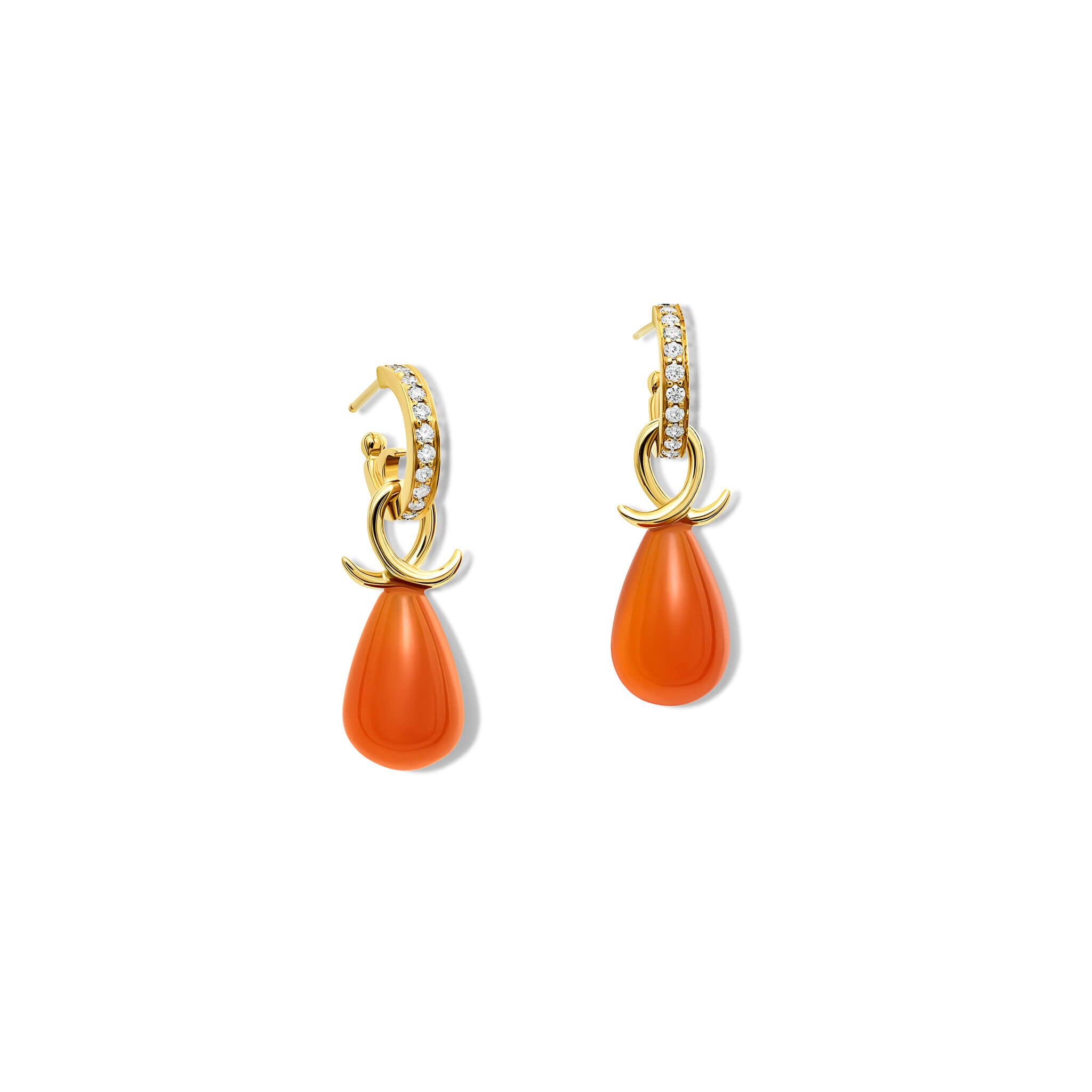 Handcrafted 9ct yellow gold earring drops with smooth briolette cut orange cornelian and an oval loop shape crossing over.