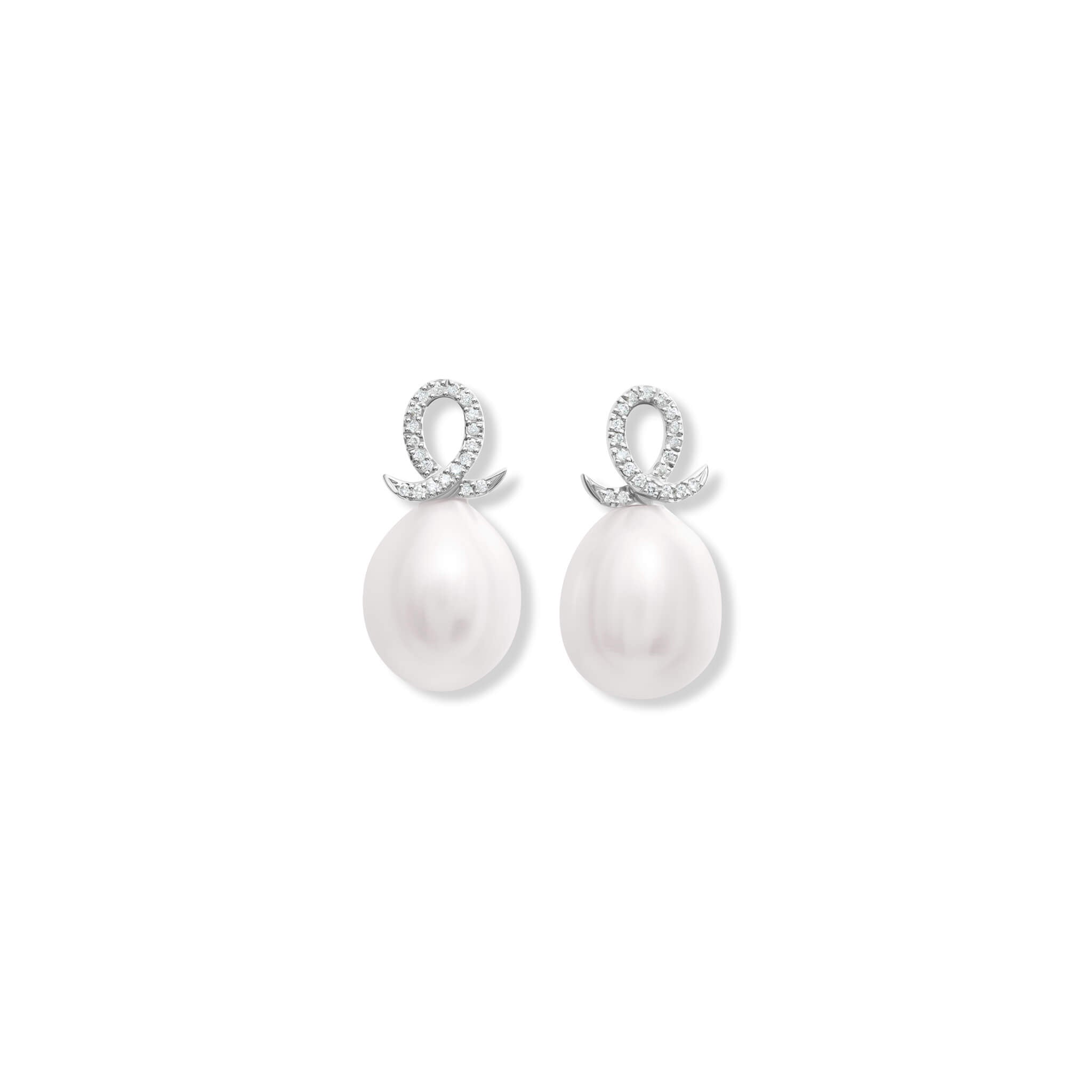 Handcrafted 18ct white gold earring drops with oval pearl and diamond pave oval loop shape.