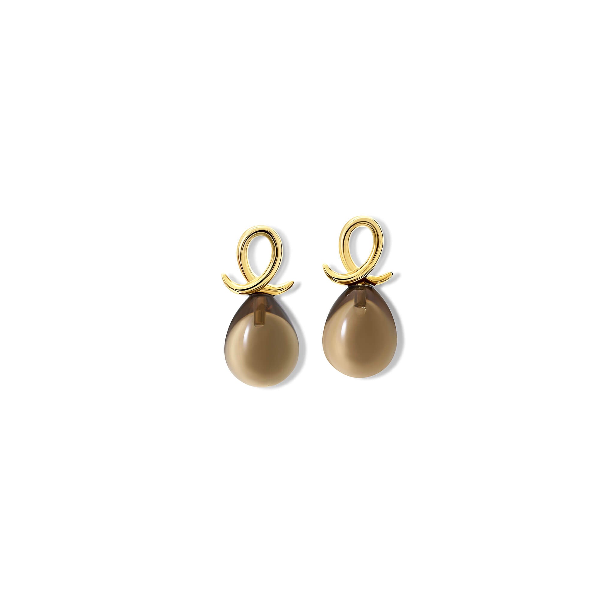 Handcrafted 9ct yellow gold earring drops with smooth briolette cut smoky quartz and an oval loop shape crossing over.