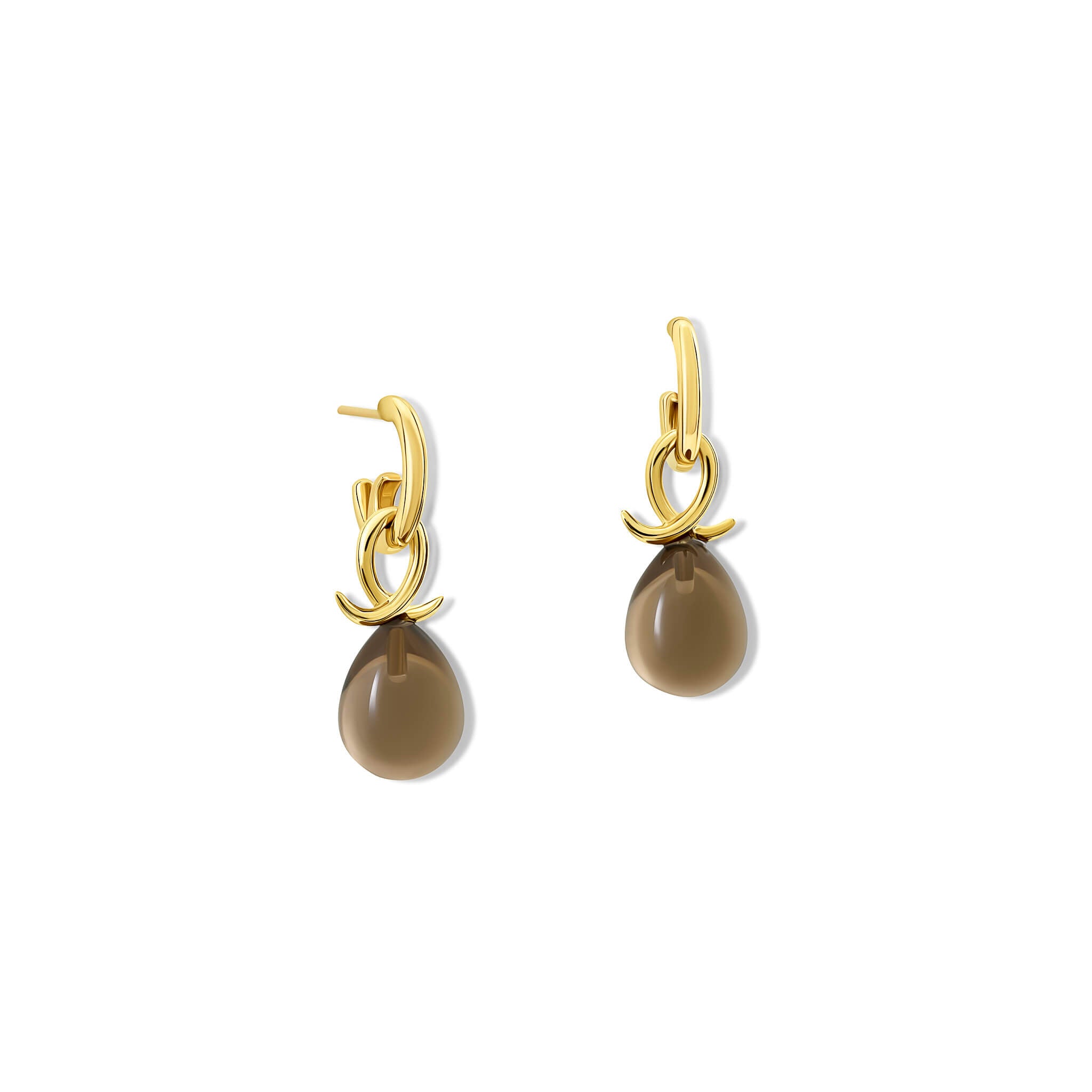 Handcrafted 9ct yellow gold earring drops with smooth briolette cut smoky quartz and an oval loop shape crossing over.