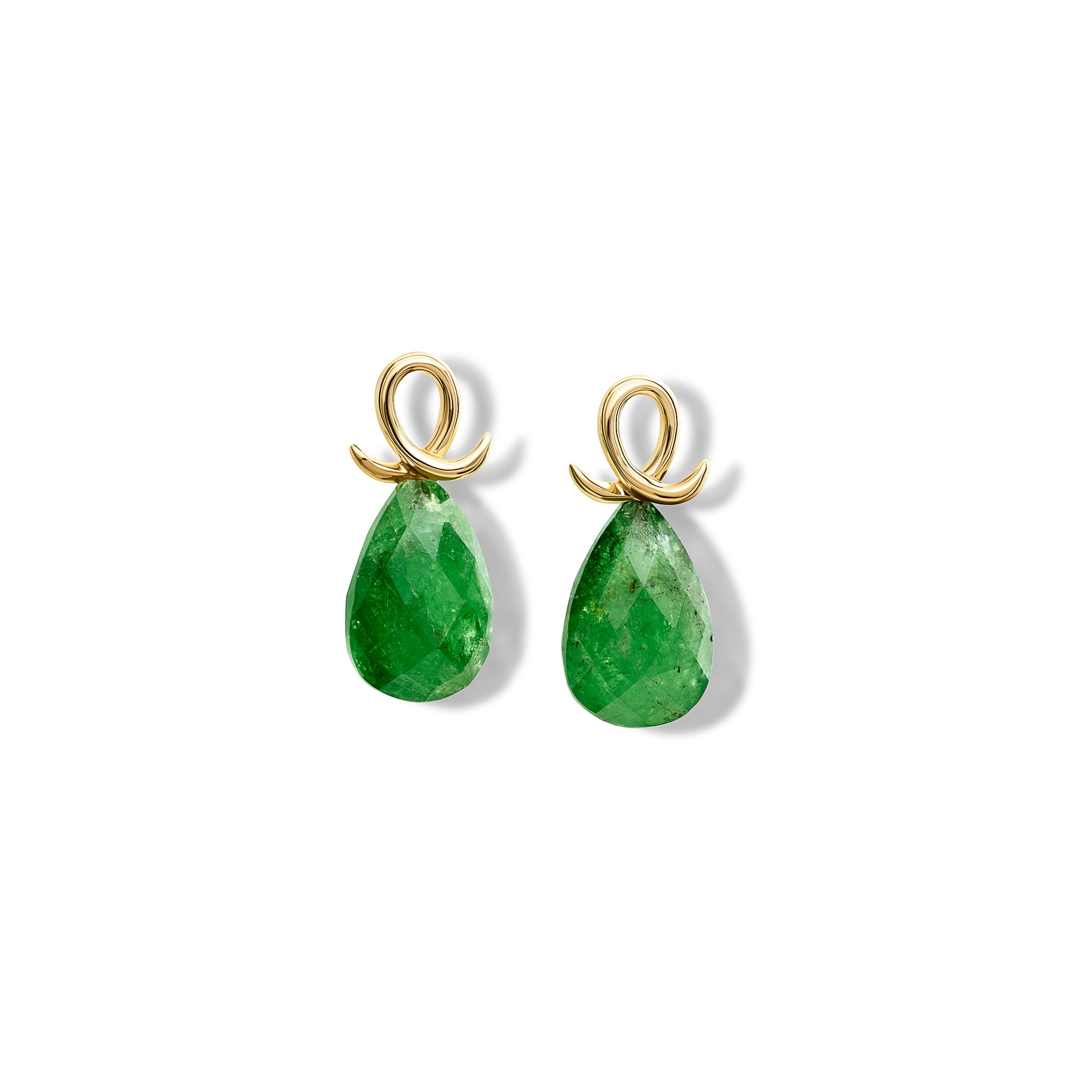 Handcrafted 9ct yellow gold earring drops with oval tsavorite garnet and an oval loop shape crossing over.