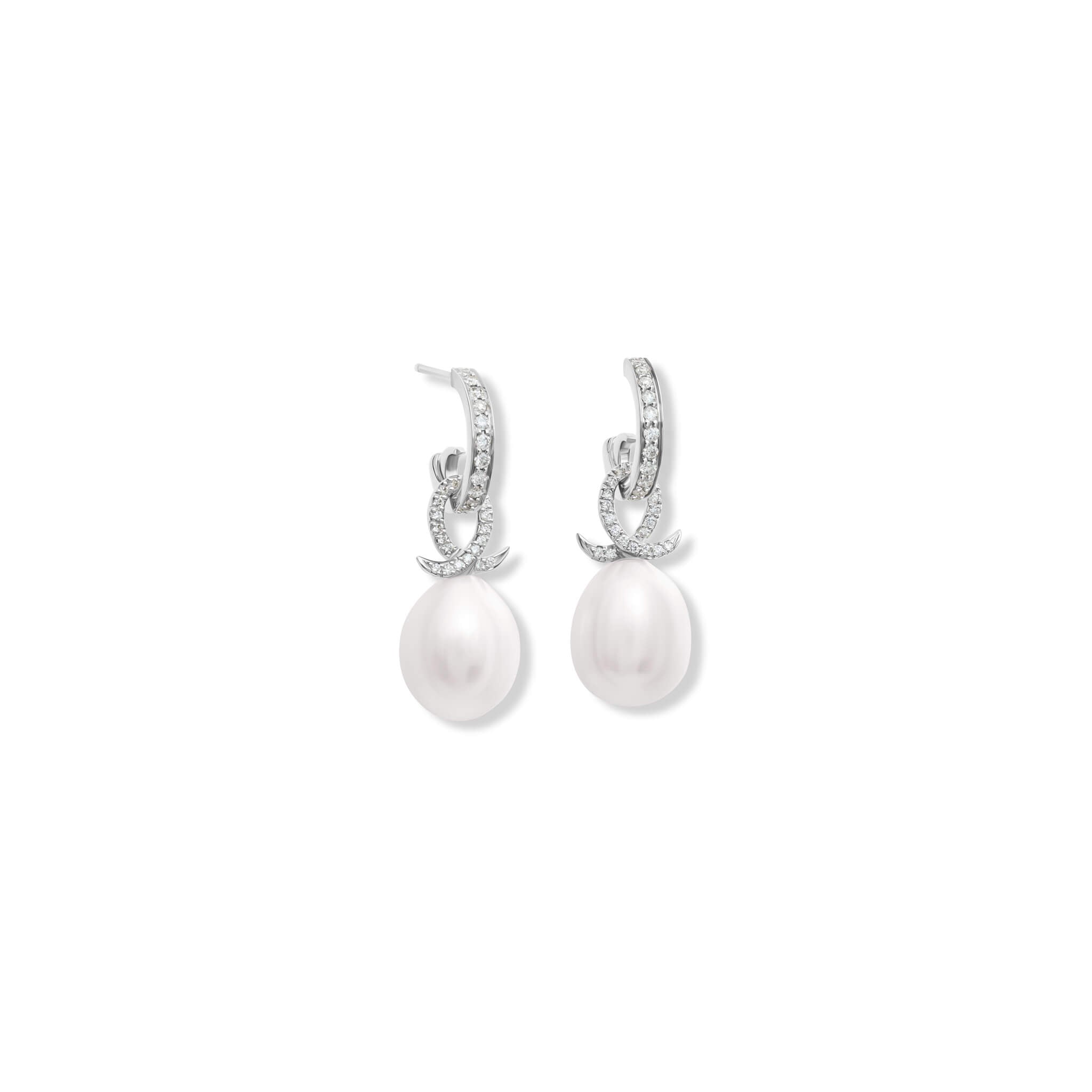 Handcrafted 18ct white gold earring drops with oval pearl and diamond pave oval loop shape.