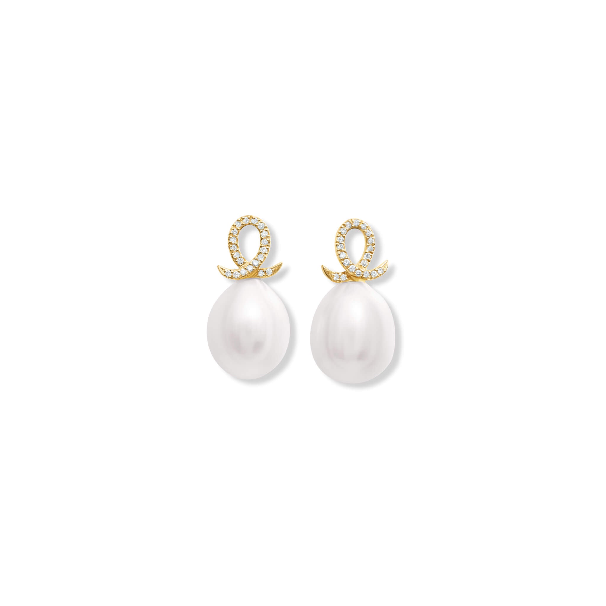 Handcrafted 18ct yellow gold earring drops with oval pearl and diamond pave oval loop shape.