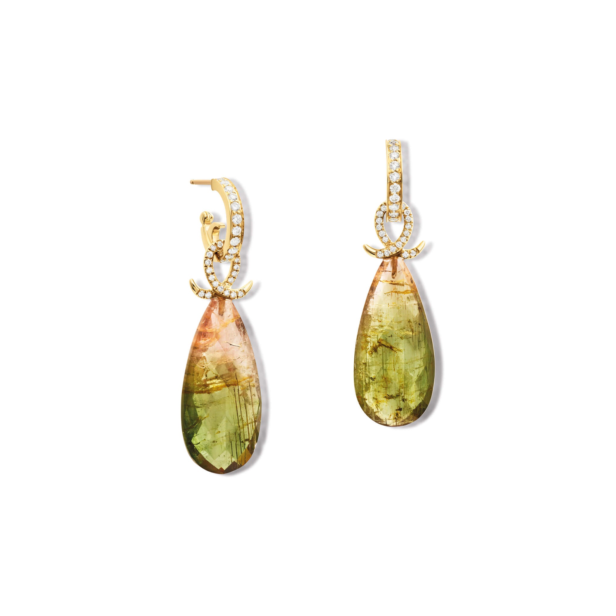 Handcrafted 18ct yellow gold earring drops with oval watermelon tourmaline and an oval loop shape crossing over.