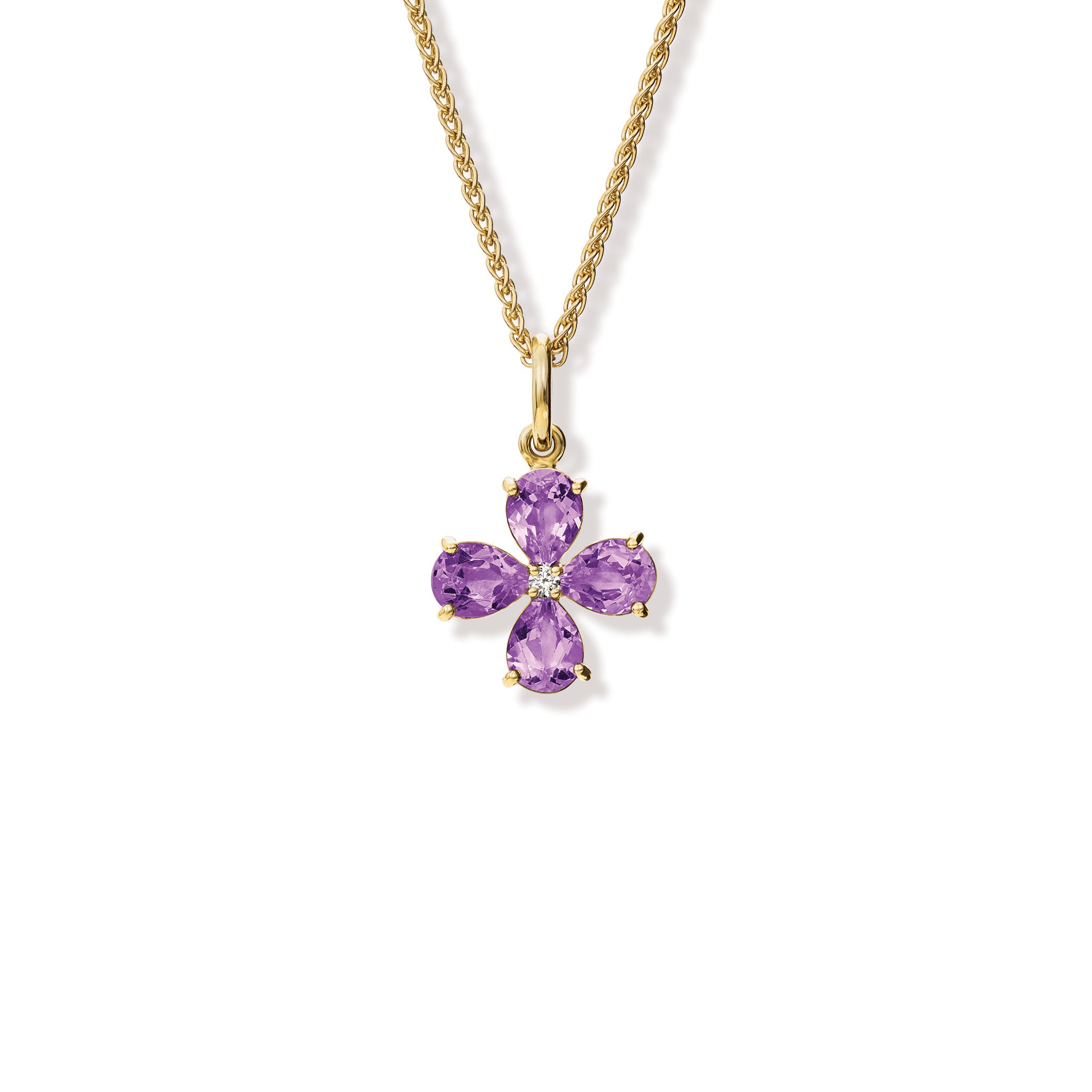 Handcrafted yellow gold four-leaf clover necklace pendant with amethyst and diamond, birthstone of February.