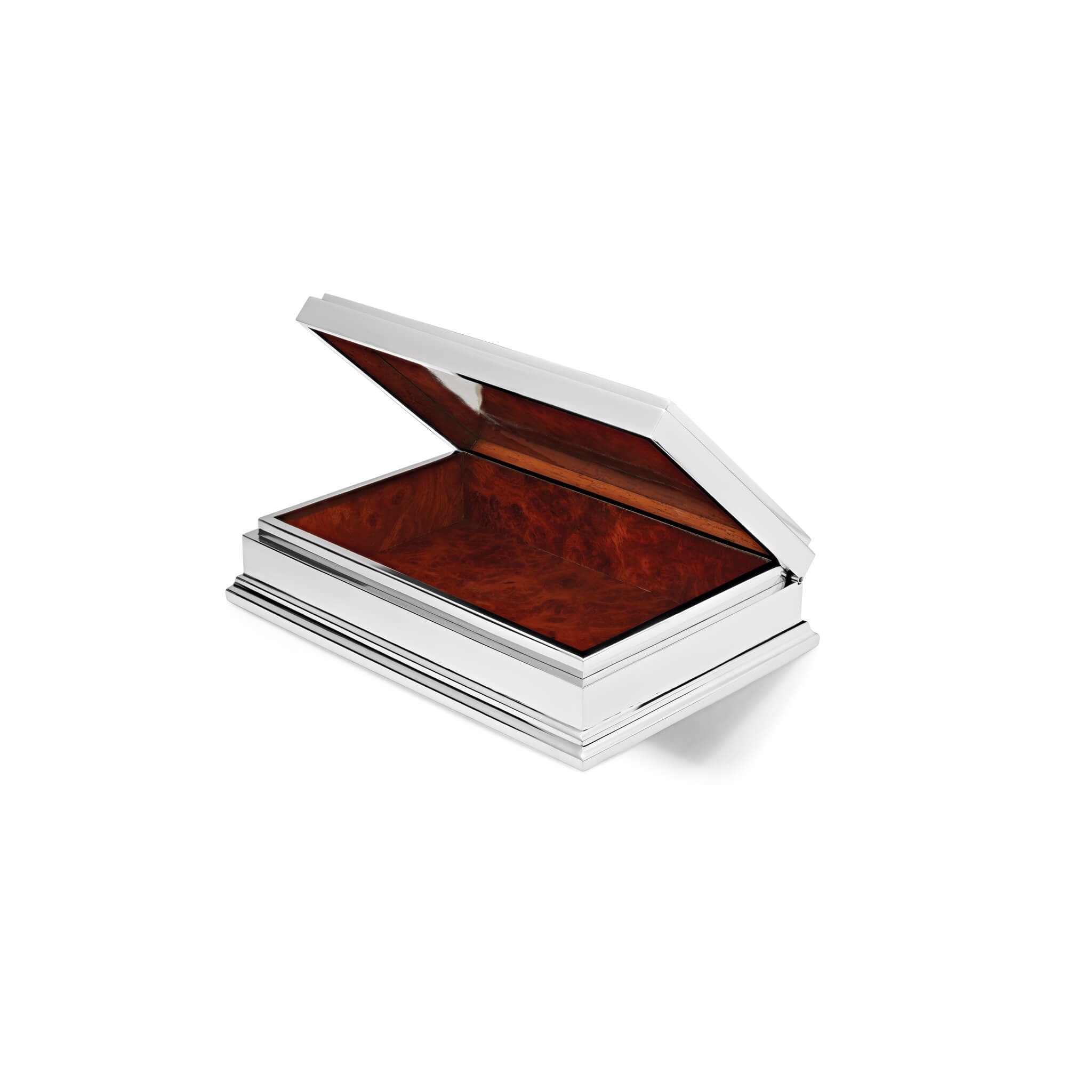 Handcrafted large silver engravable box with a smooth, polished exterior and a mahogany wooden interior