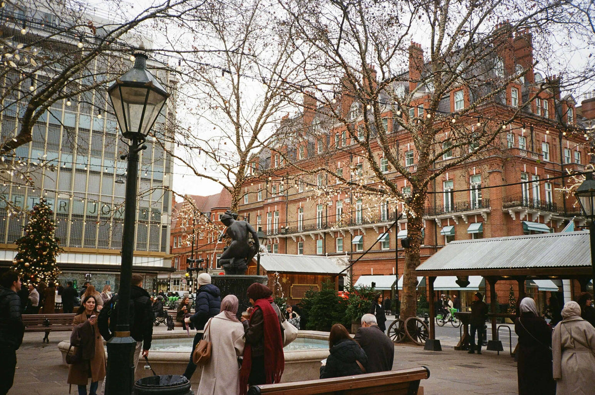 Sloane square in winter with Christmas lights everywhere