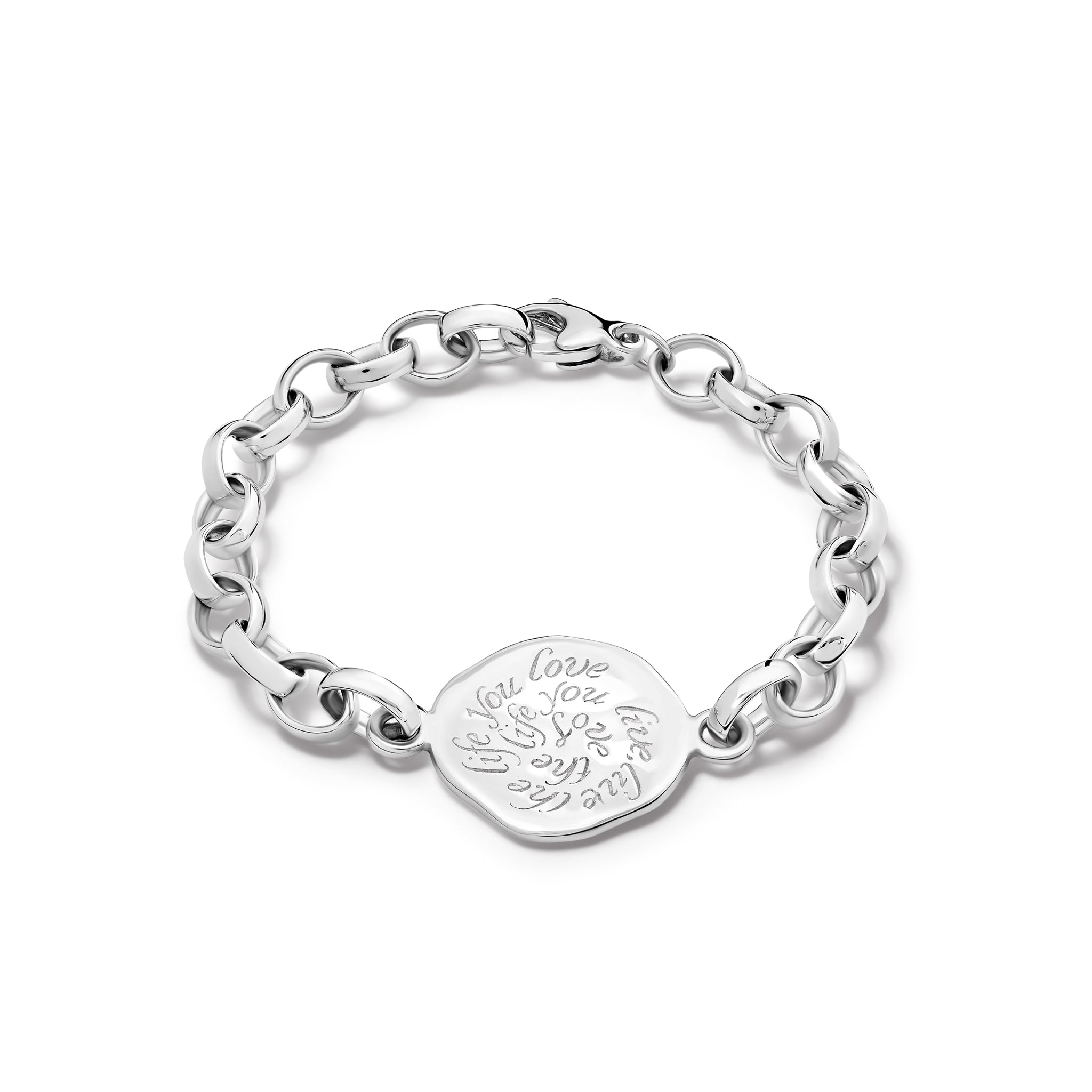 Handcrafted silver link bracelet featuring a silver pendant engraved with the quote, 'Love the life you live, live the life you love.'
