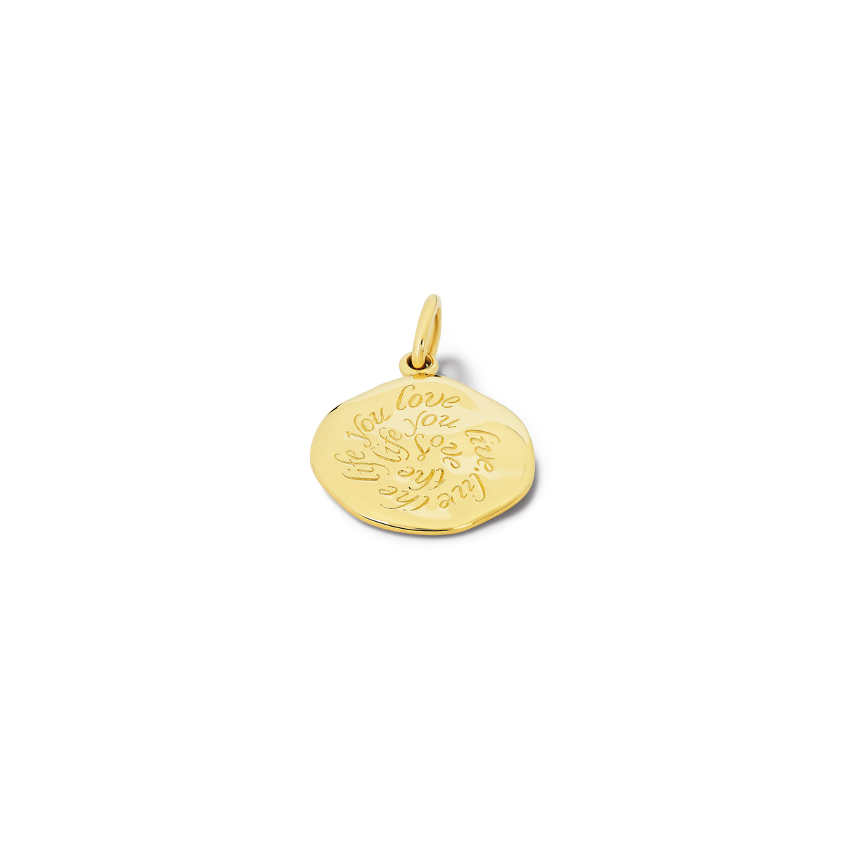 Handcrafted yellow gold necklace pendant engraved with the quote, 'Live as if you were to die tomorrow. Learn as if you were to live forever.'