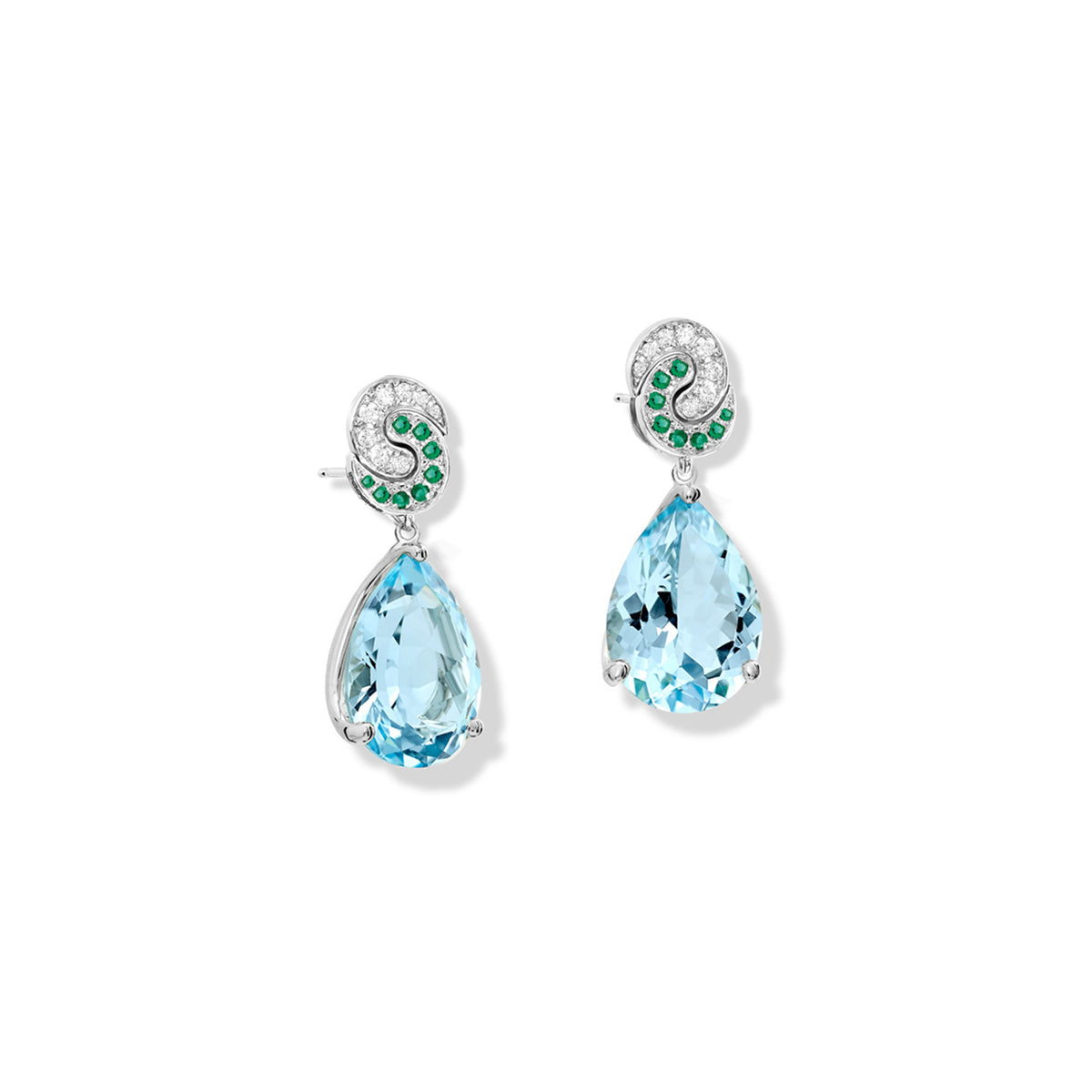 Handcrafted 9ct white gold Luiza stud earring pendants with facetted blue topaz, inspired by Rio de Janeiro, November Birthstone