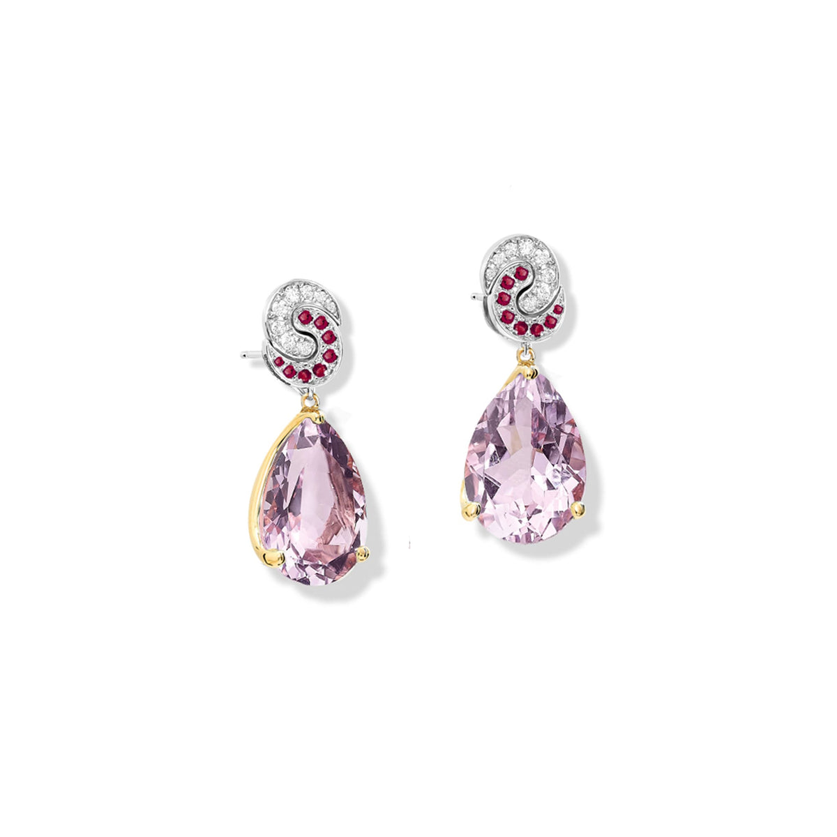Handcrafted 9ct yellow gold Luiza stud earring pendants with pale facetted amethyst, inspired by Rio de Janeiro, Brazil, February Birthstone
