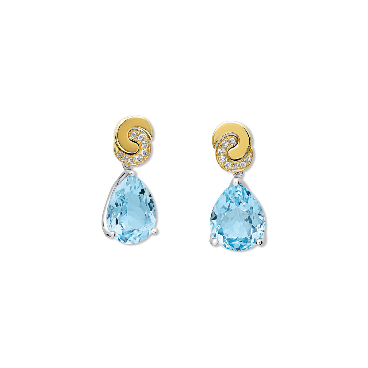 Handcrafted 9ct yellow gold Luiza stud earring pendants with facetted blue topaz, inspired by Rio de Janeiro, November Birthstone
